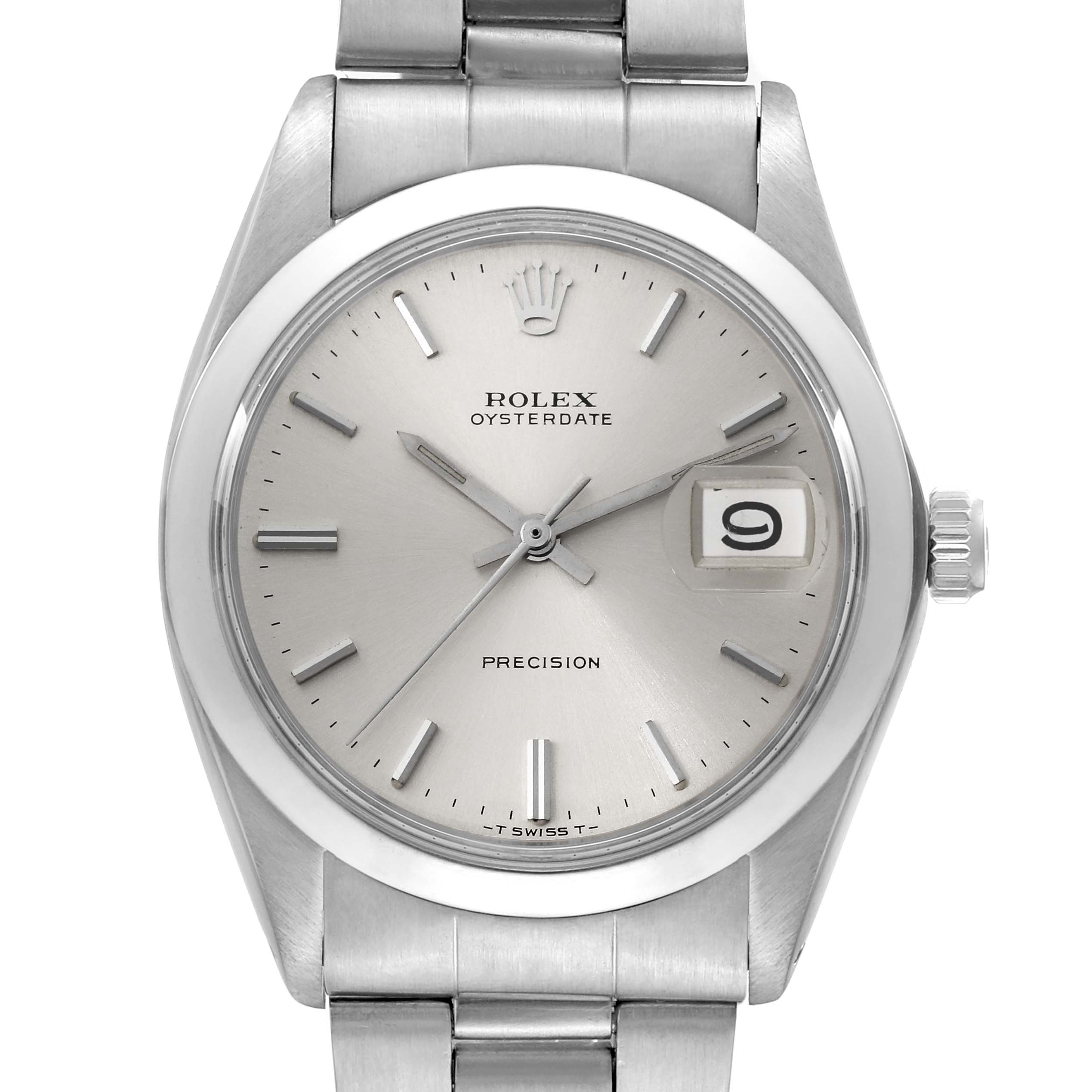 The image shows a front view of the Rolex Vintage Collection 6694 Men's Stainless Steel Silver Dial 6694 Men's Stainless Steel Silver Dial Oysterdate watch, featuring the dial, date window, and metal bracelet.