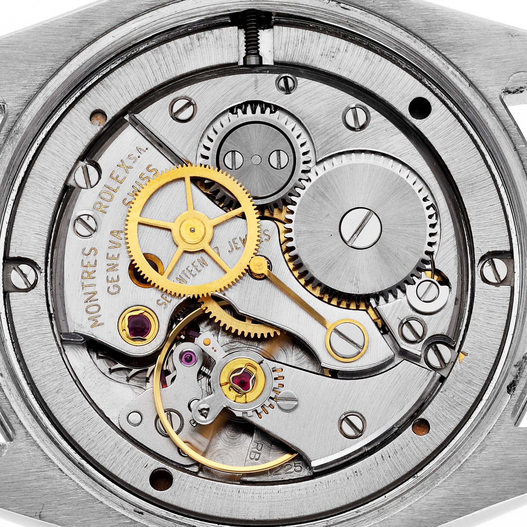 This image shows the intricate internal mechanical parts of a Rolex Vintage Collection 6694 Men's Stainless Steel Silver Dial 6694 Men's Stainless Steel Silver Dial watch from a top-down angle.