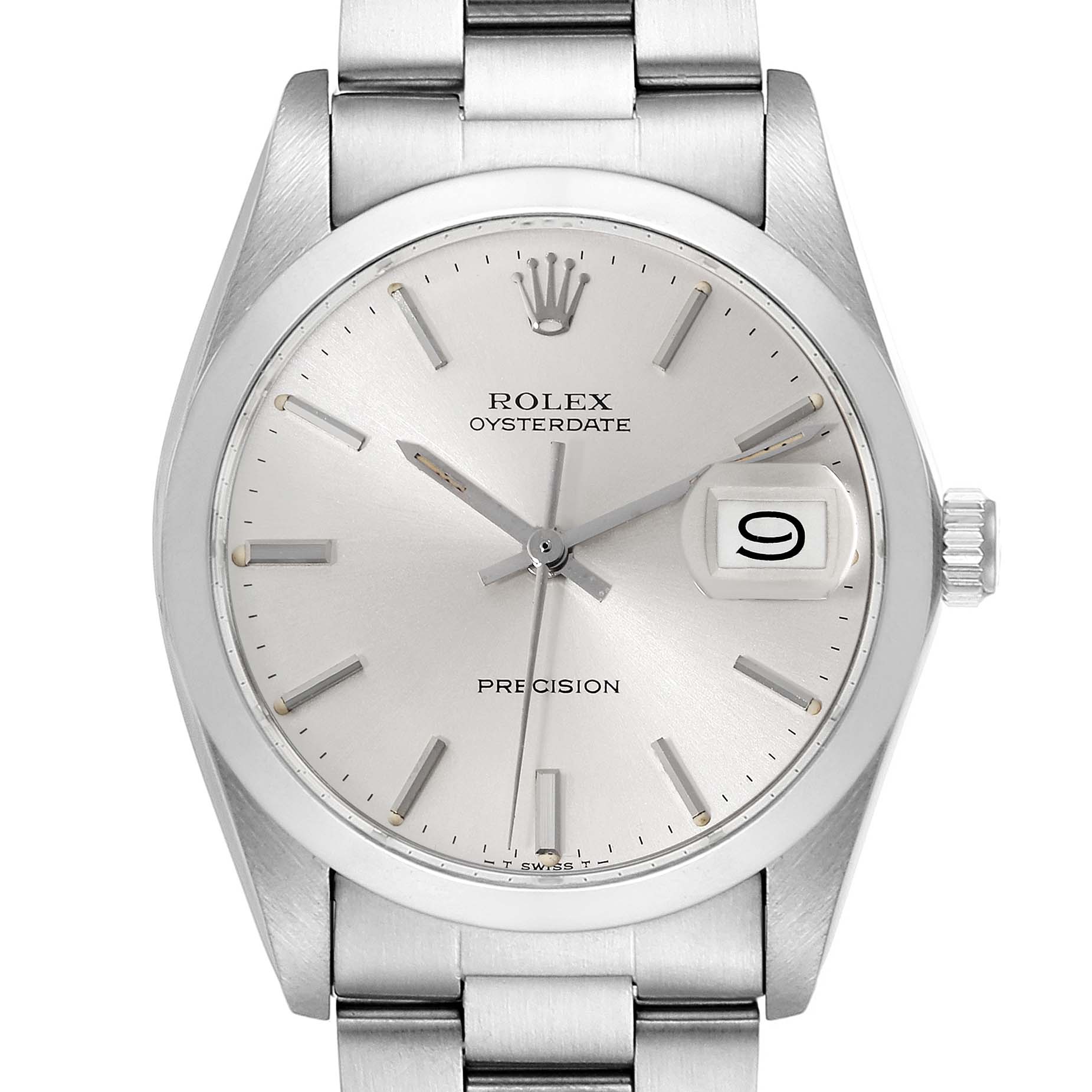This image displays a front view of the Rolex Oysterdate Precision from the Vintage Collection, showing the watch face, bezel, and part of the bracelet.