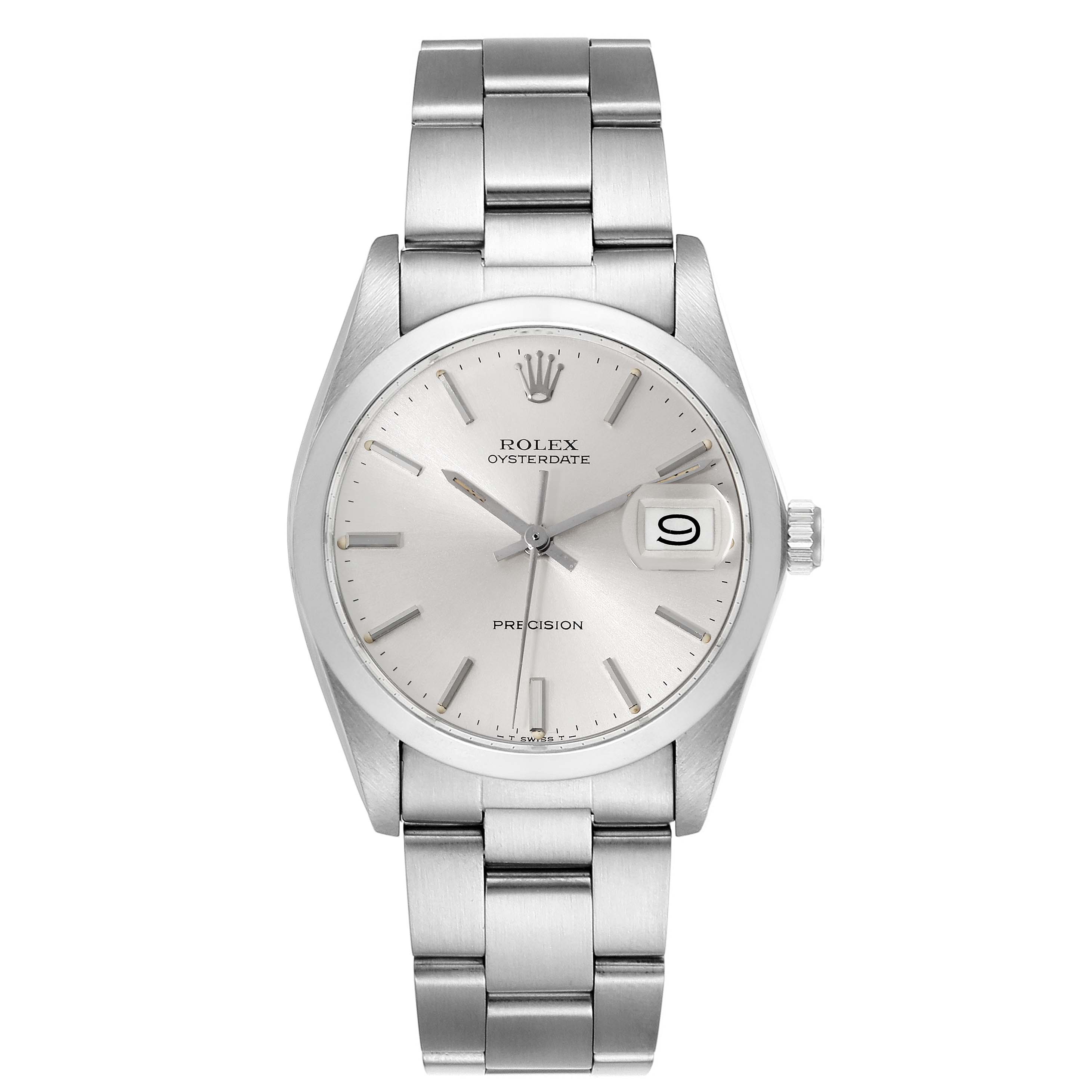 This is a front view of the Rolex Vintage Collection 6694 Men's Stainless Steel Silver Dial 6694 Men's Stainless Steel Silver Dial Oysterdate Precision watch, showing its dial, bracelet, and date window.