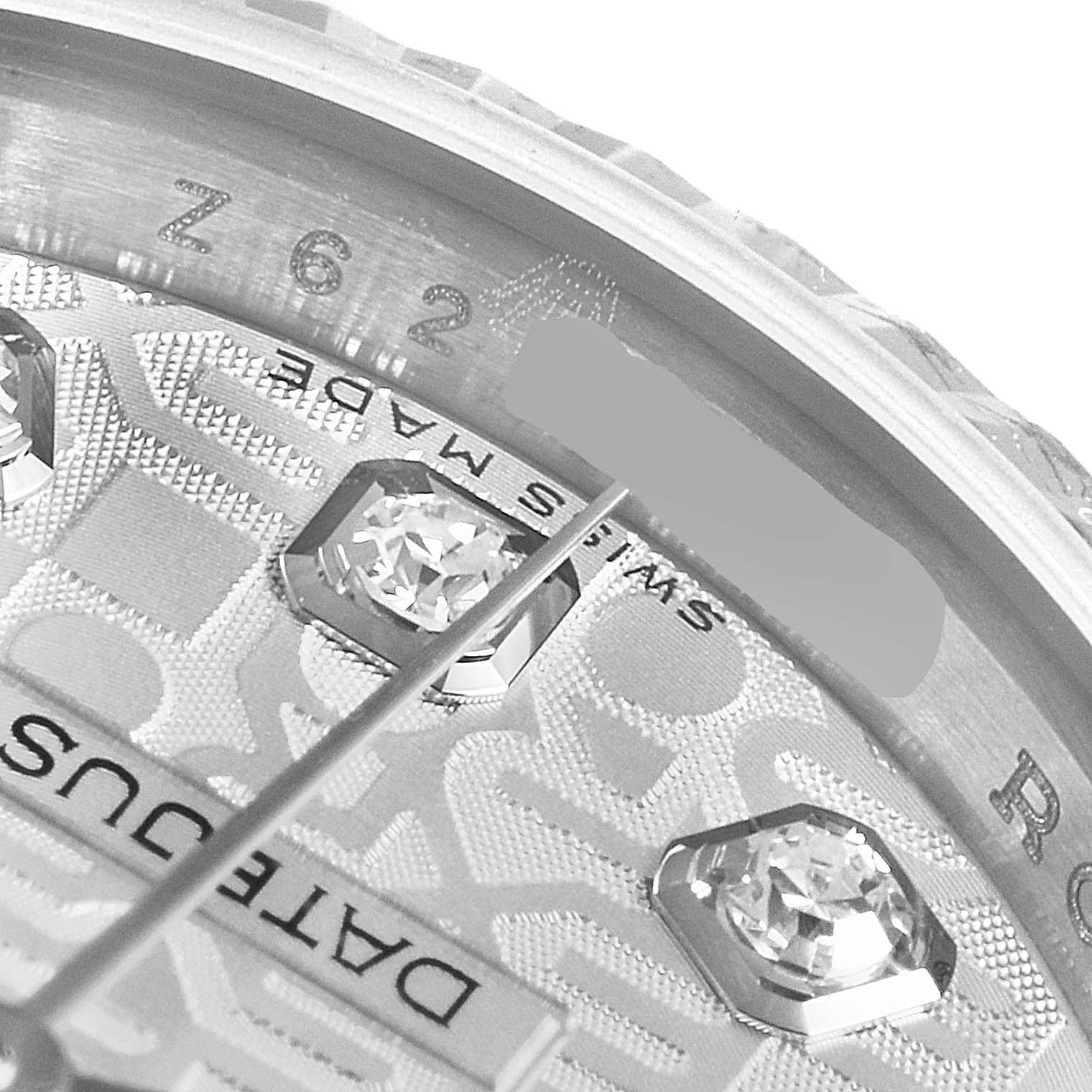The image shows a close-up angle of the Rolex President 179239 Women's White Gold Silver Dial 179239 Women's White Gold Silver Dial model watch face, highlighting diamond markers and "Swiss Made" text.