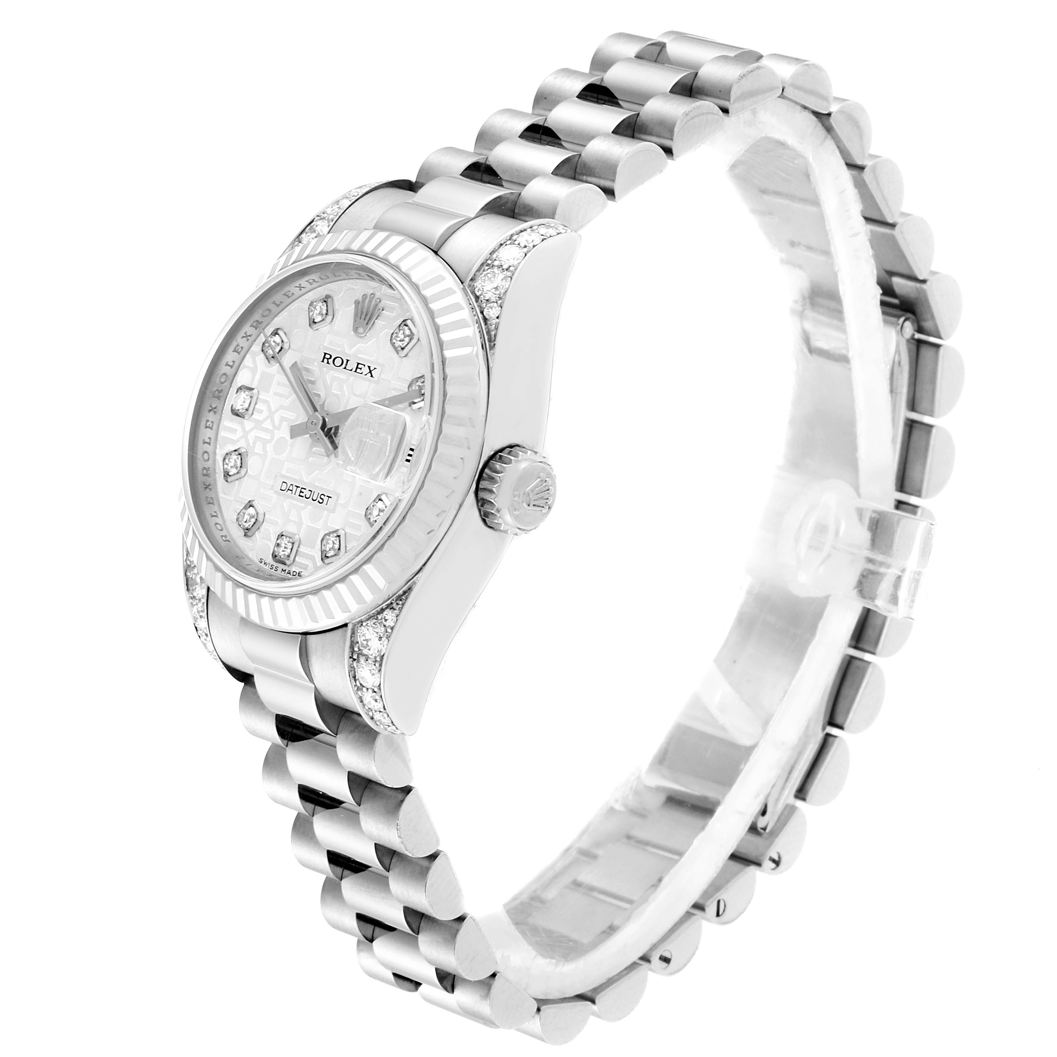 The image shows a Rolex President 179239 Women's White Gold Silver Dial 179239 Women's White Gold Silver Dial model watch from a three-quarter angle, highlighting the watch face, bracelet, and crown.