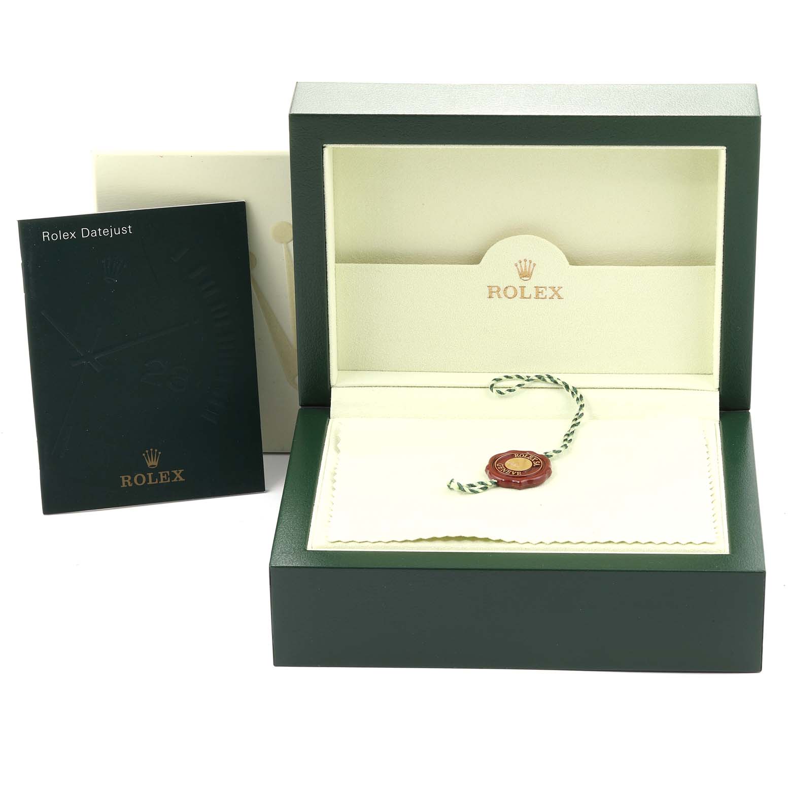 The image shows an open Rolex President 179239 Women's White Gold Silver Dial 179239 Women's White Gold Silver Dial model watch box, a manual, and a tag, with none of the watch visible.