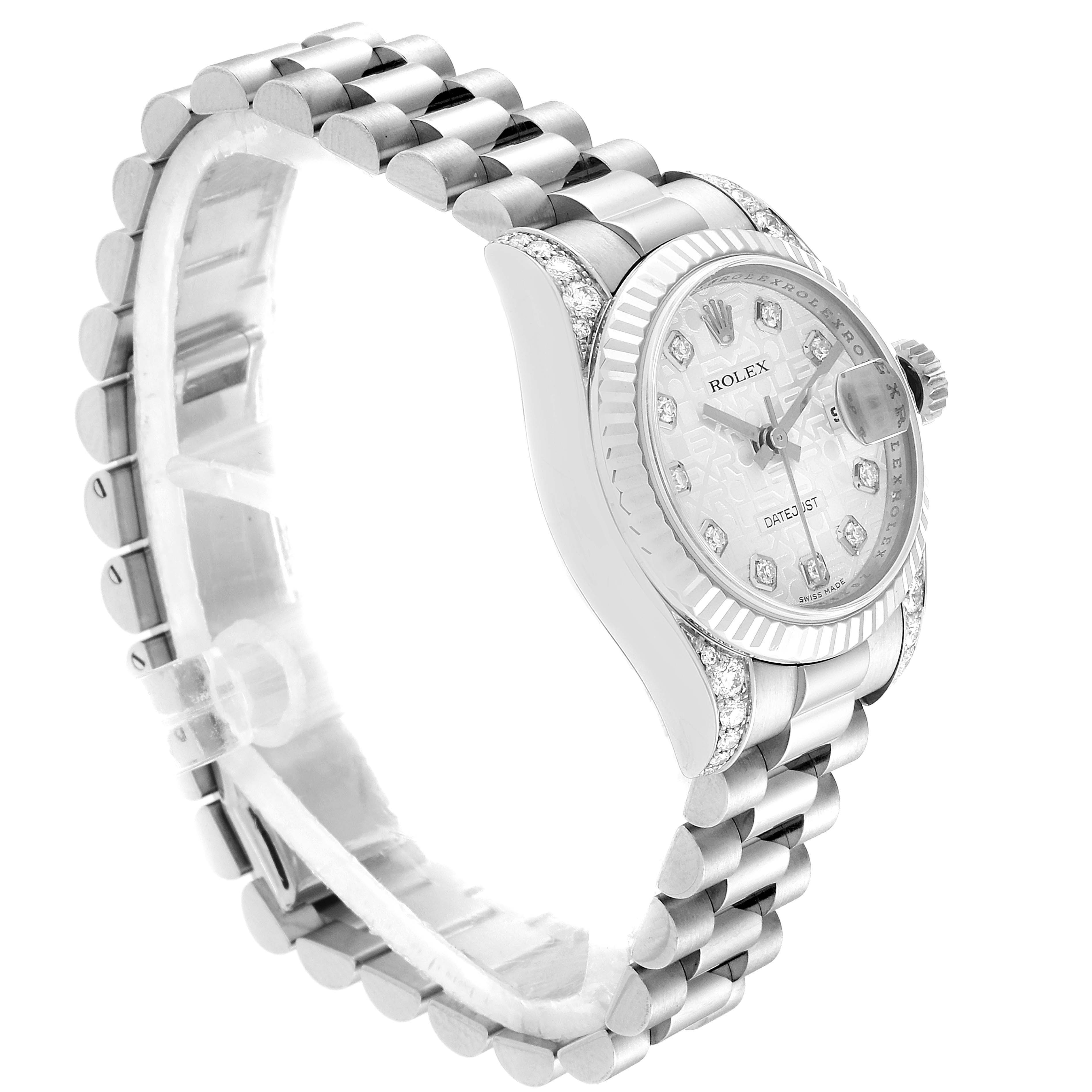 This image shows a side angle view of a Rolex President 179239 Women's White Gold Silver Dial 179239 Women's White Gold Silver Dial model watch, focusing on the bracelet and the dial with diamond markers.