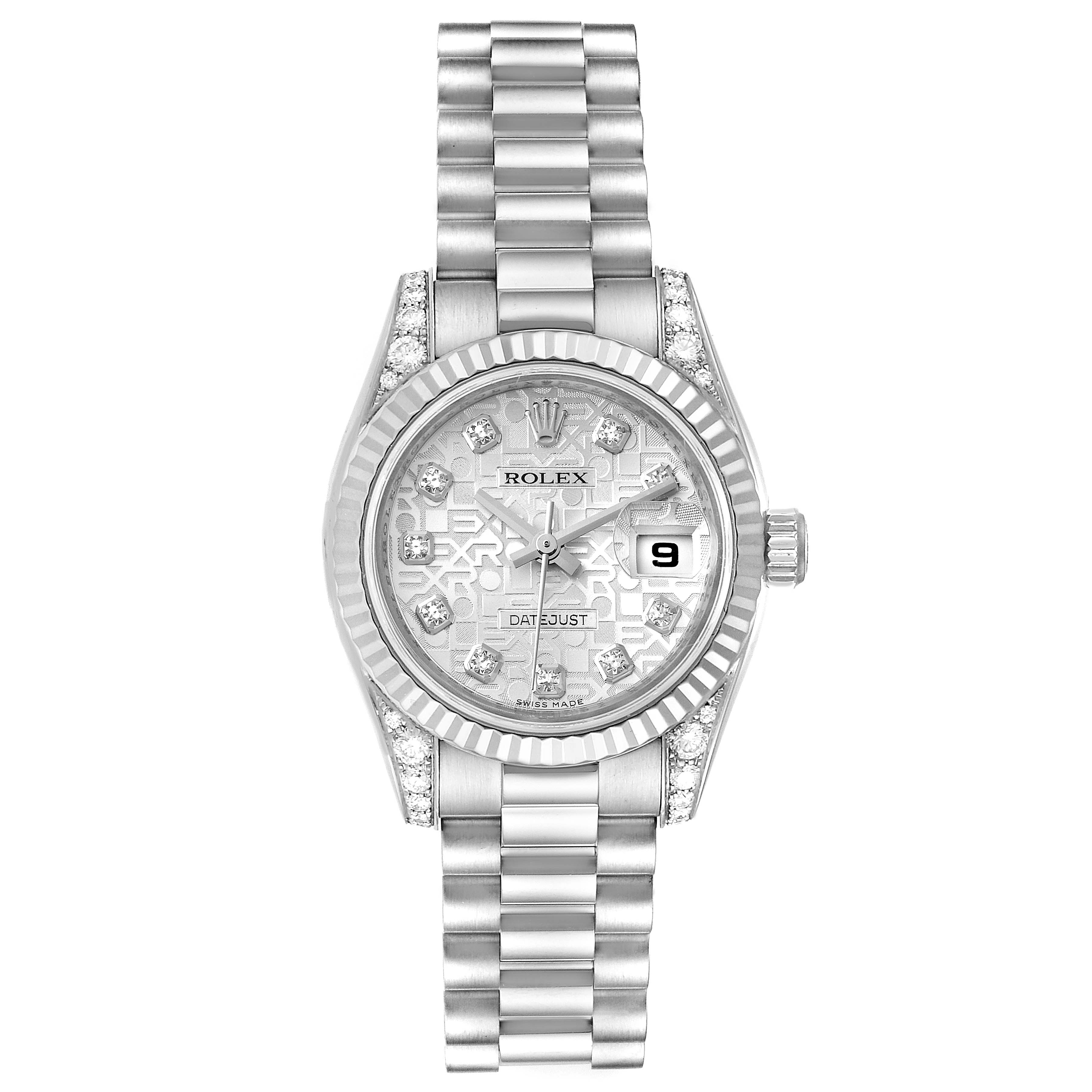 This is a front view of a Rolex President 179239 Women's White Gold Silver Dial 179239 Women's White Gold Silver Dial watch model, showing the bracelet, case, dial, crown, and date display.