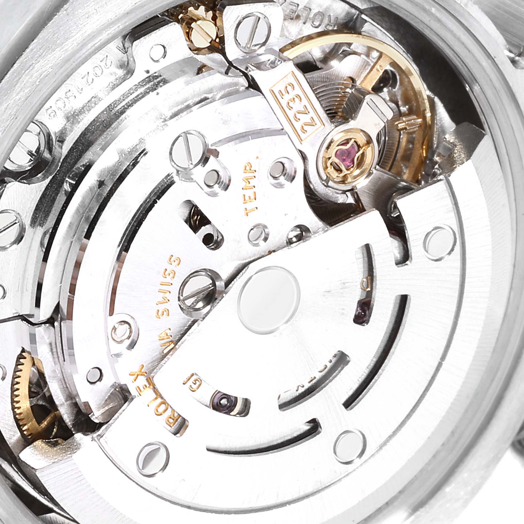 This image shows a close-up of the internal movement mechanism of a Rolex President 179239 Women's White Gold Silver Dial 179239 Women's White Gold Silver Dial model watch.