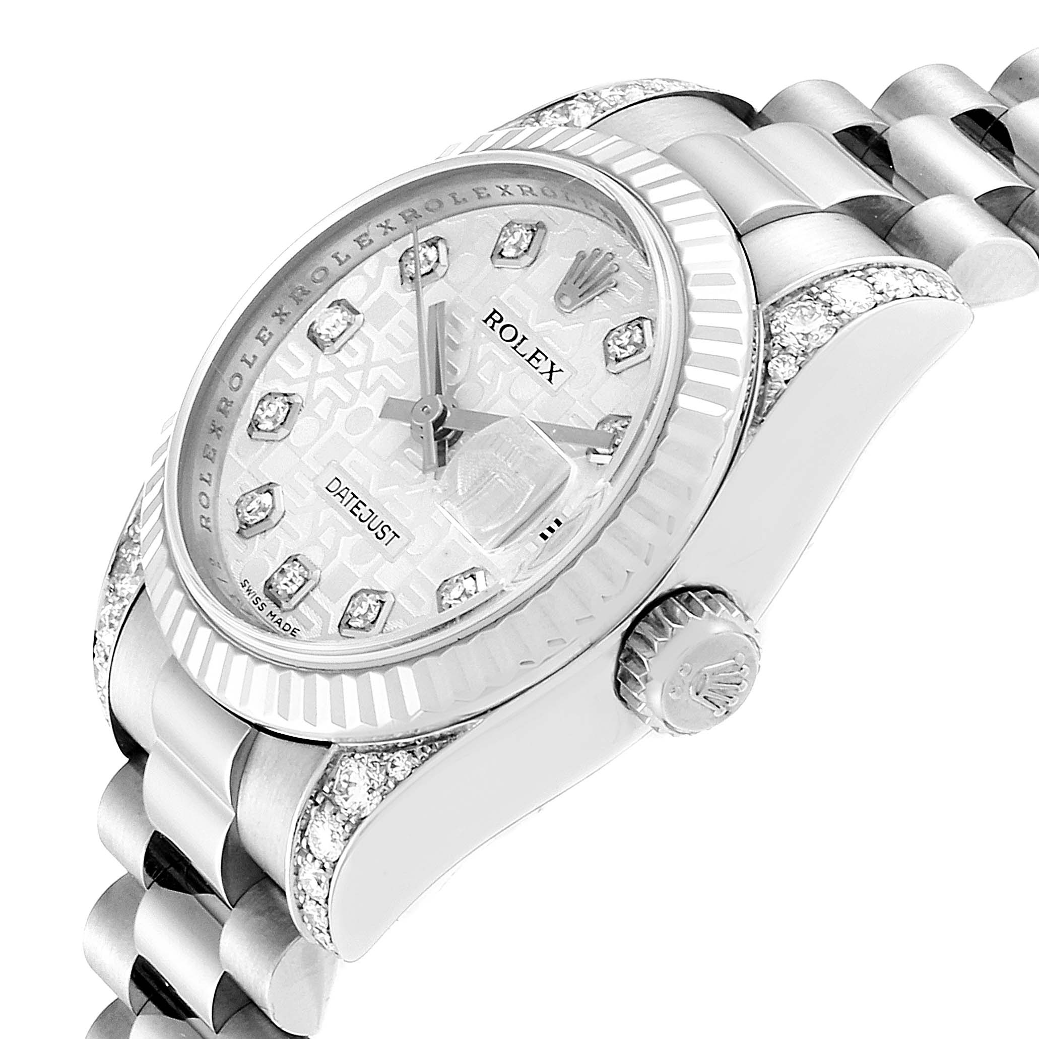 This image shows a side angle of the Rolex President 179239 Women's White Gold Silver Dial 179239 Women's White Gold Silver Dial model watch, highlighting the dial, bezel, crown, and part of the bracelet.