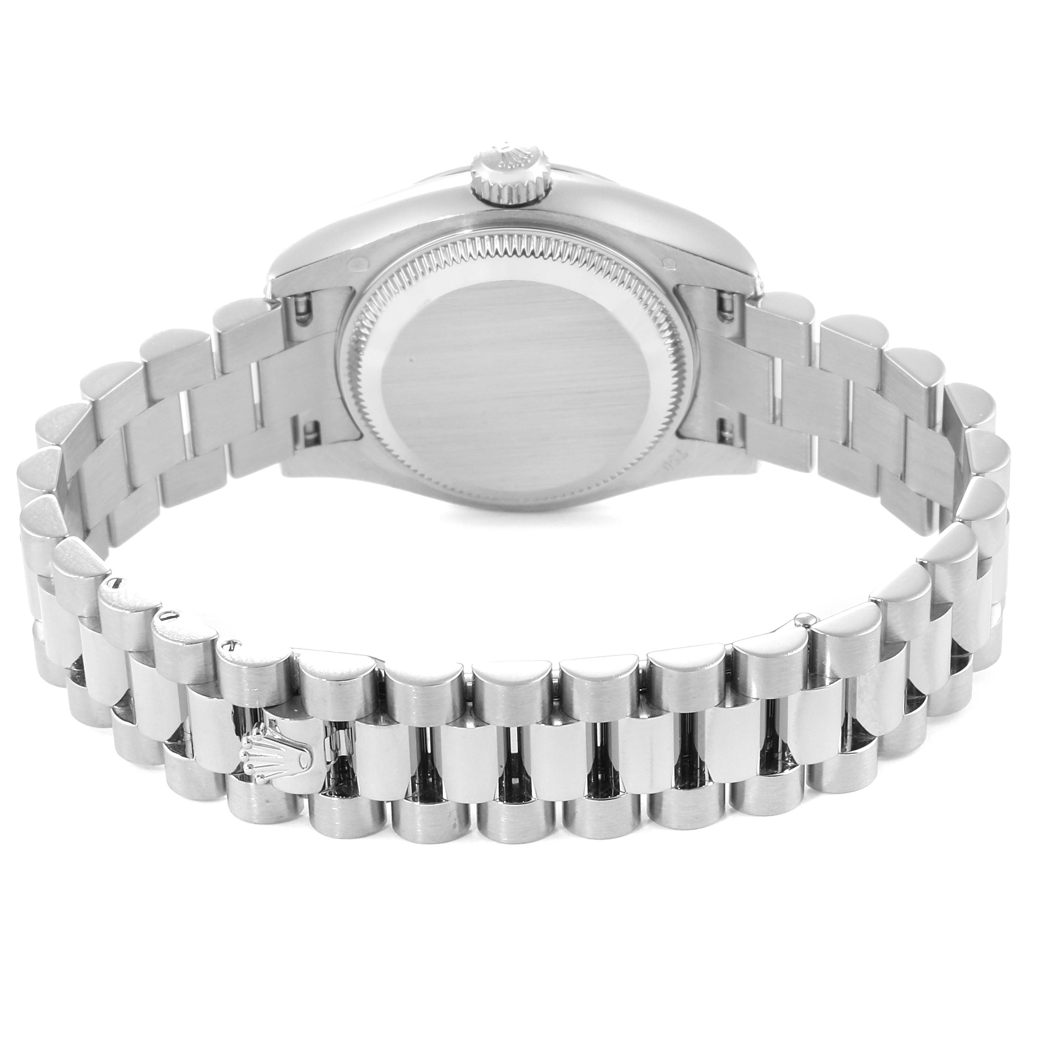 This image shows the back case and bracelet of a Rolex President 179239 Women's White Gold Silver Dial 179239 Women's White Gold Silver Dial model watch from a rear angle.