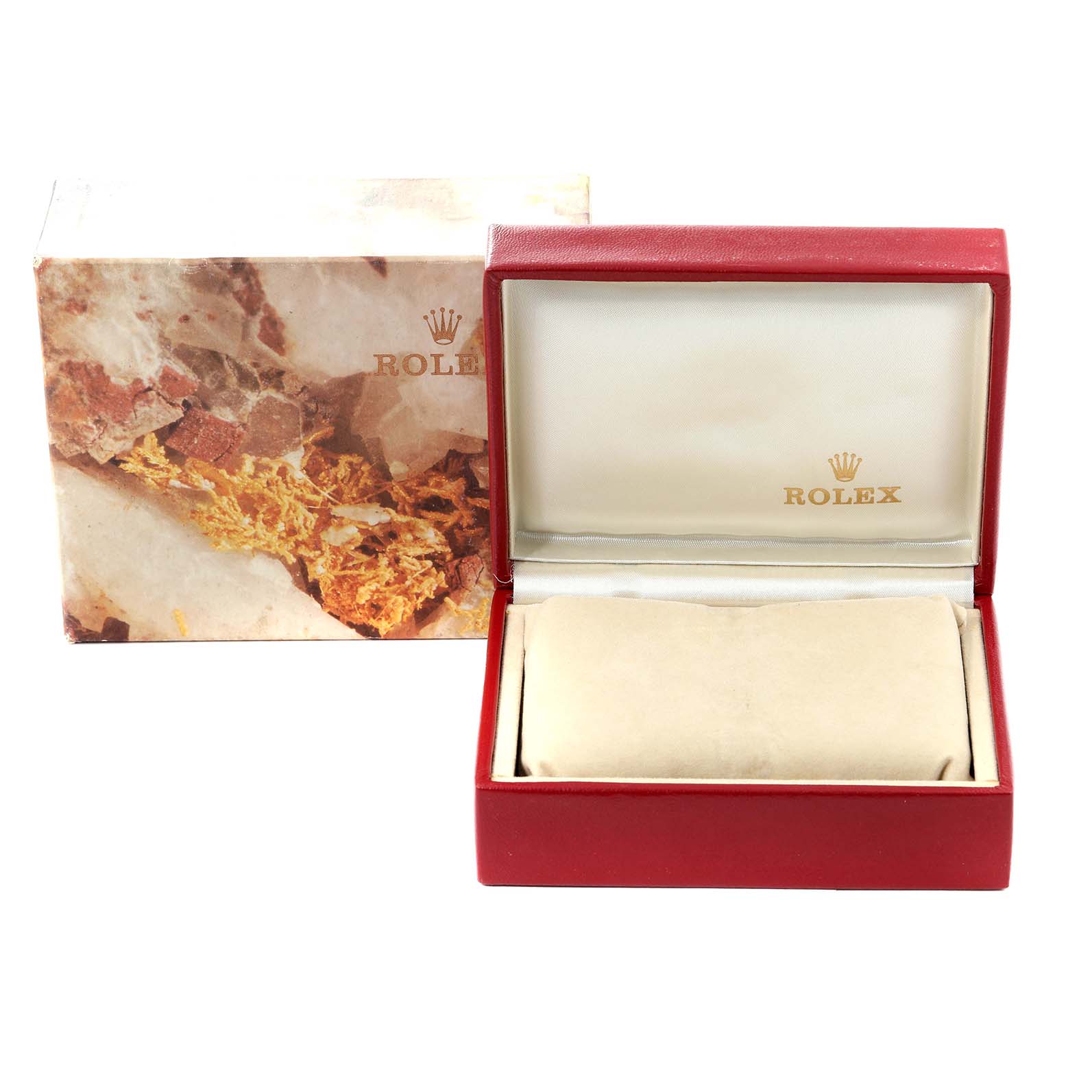 The image shows the Rolex President 68278 Women's Yellow Gold White Dial 68278 Women's Yellow Gold White Dial watch's packaging, including an open red box with a pillow and an outer decorative box.