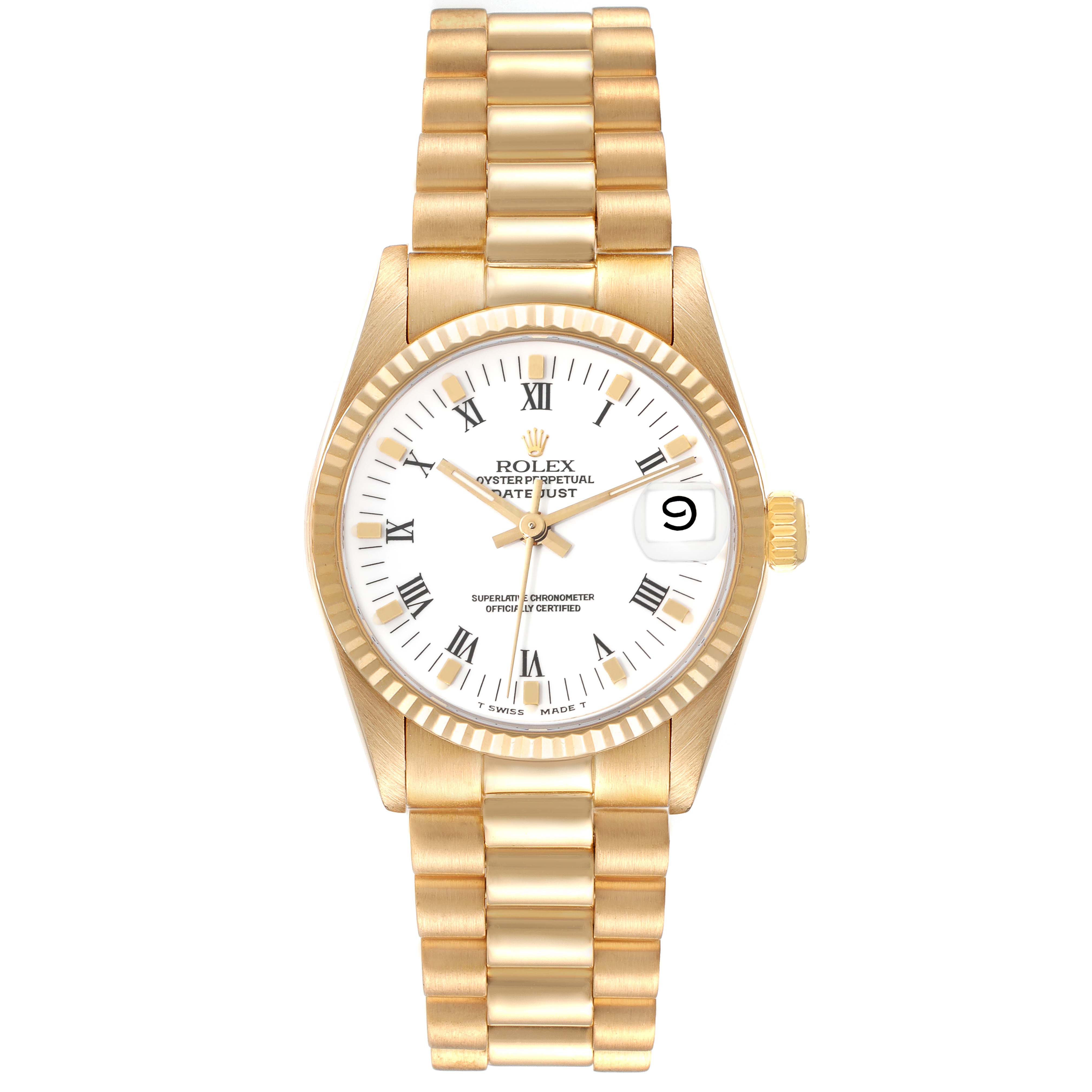 This image shows a frontal view of a Rolex President 68278 Women's Yellow Gold White Dial 68278 Women's Yellow Gold White Dial model watch, highlighting its gold band, bezel, and dial with Roman numerals.
