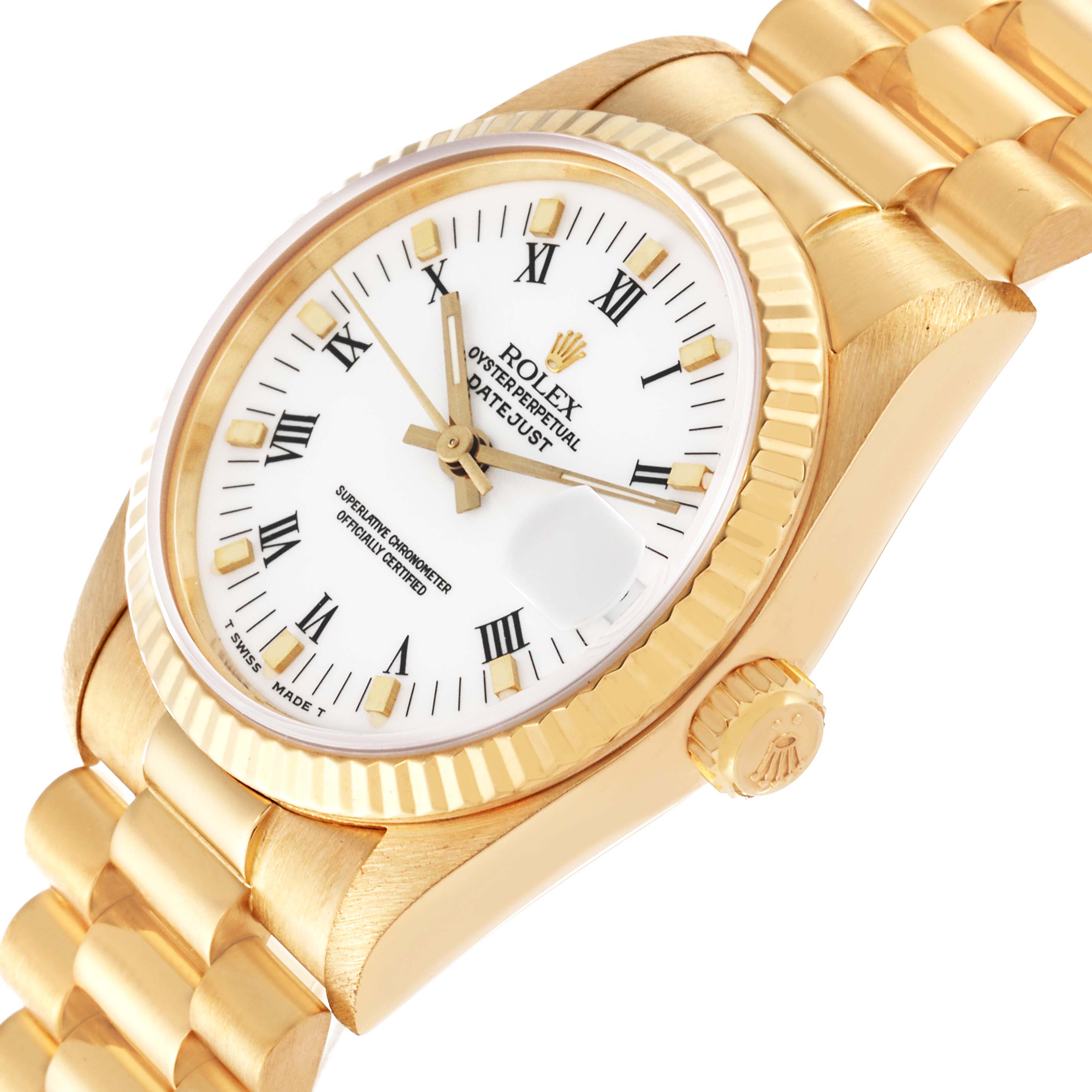 The image shows an angled view of a Rolex President 68278 Women's Yellow Gold White Dial 68278 Women's Yellow Gold White Dial model, highlighting the face, bezel, crown, and part of the bracelet.