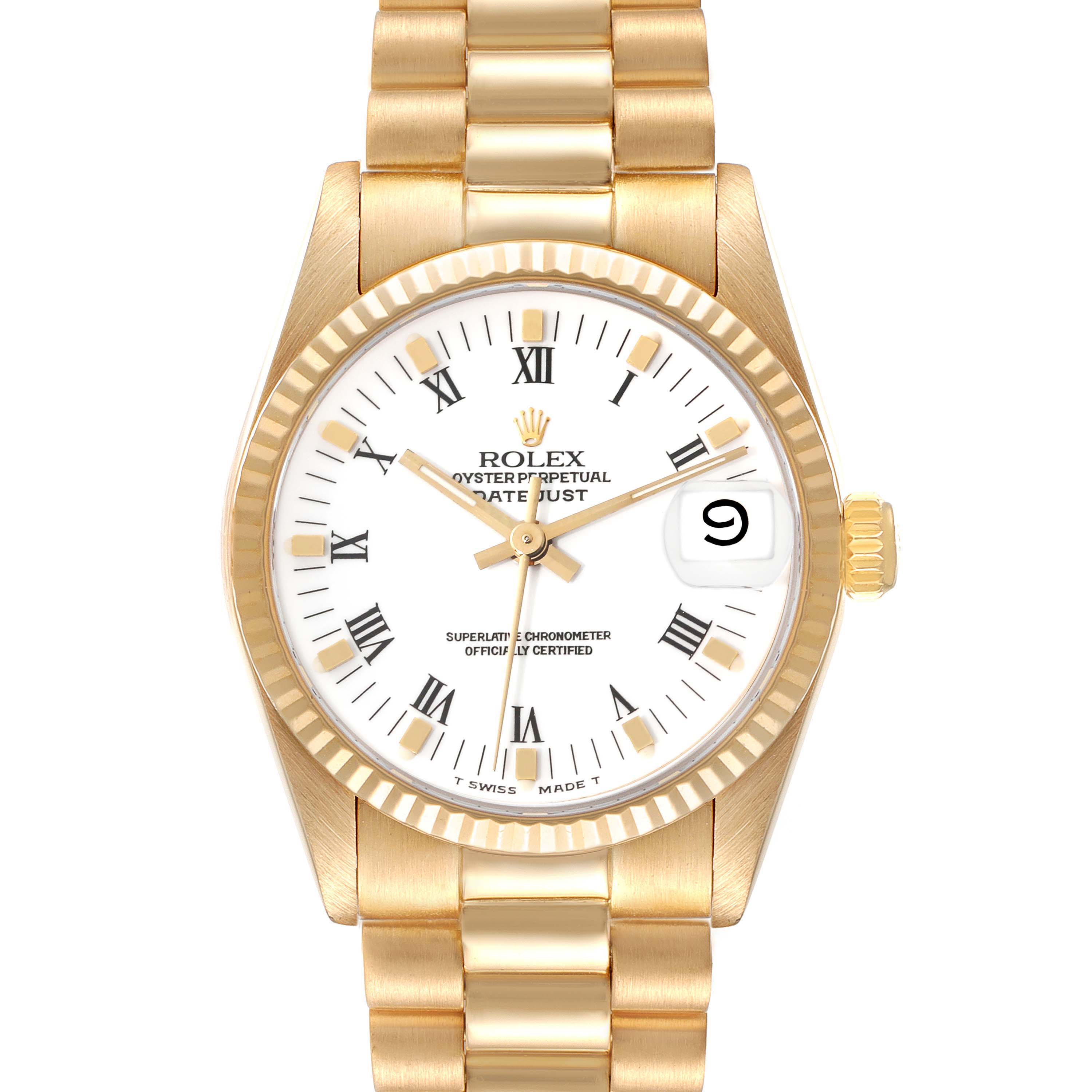 This image shows a frontal view of the Rolex President 68278 Women's Yellow Gold White Dial 68278 Women's Yellow Gold White Dial model watch, highlighting its face, bezel, and bracelet.