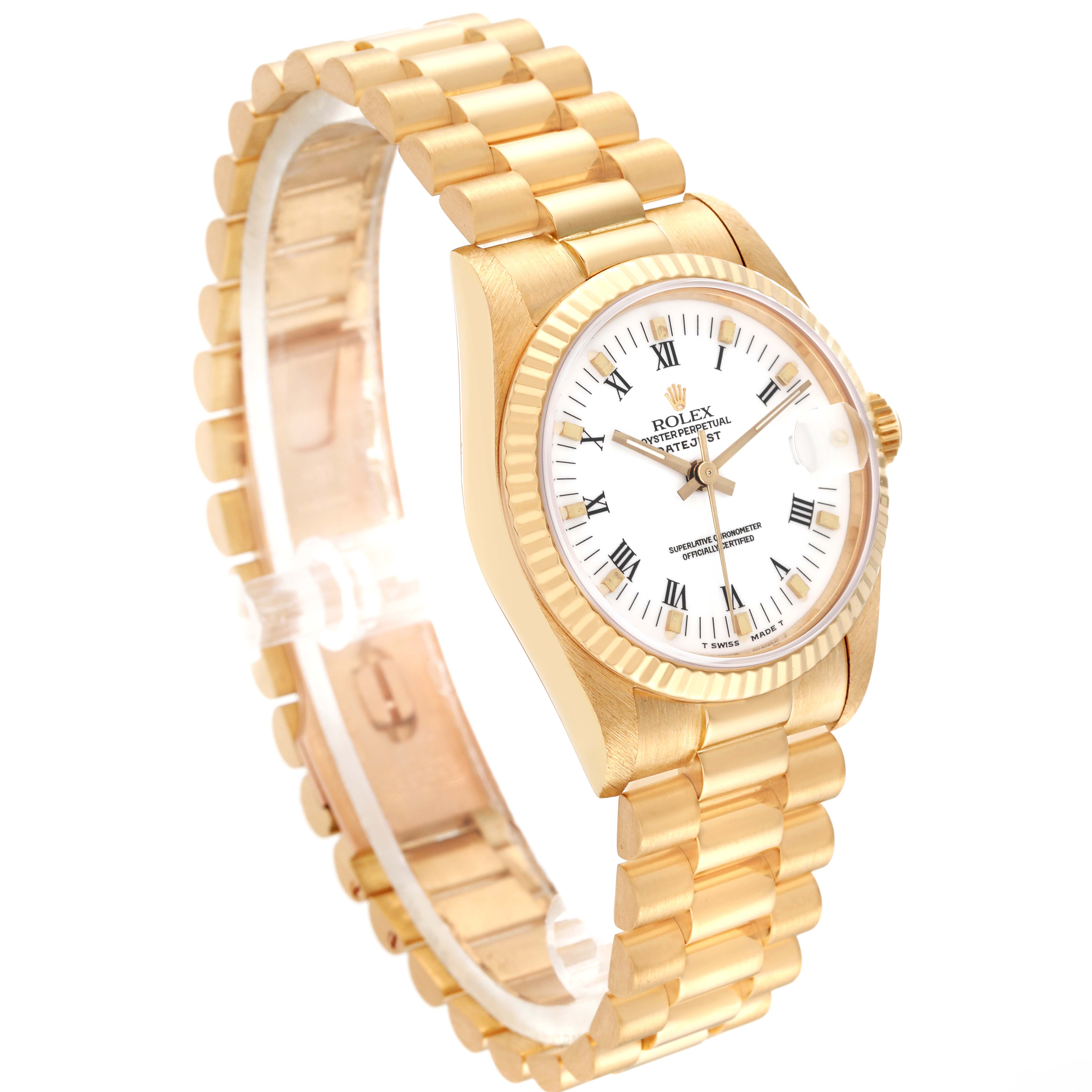 This image shows a Rolex President 68278 Women's Yellow Gold White Dial 68278 Women's Yellow Gold White Dial model watch at a three-quarter angle, highlighting its bracelet, case, bezel, and dial.