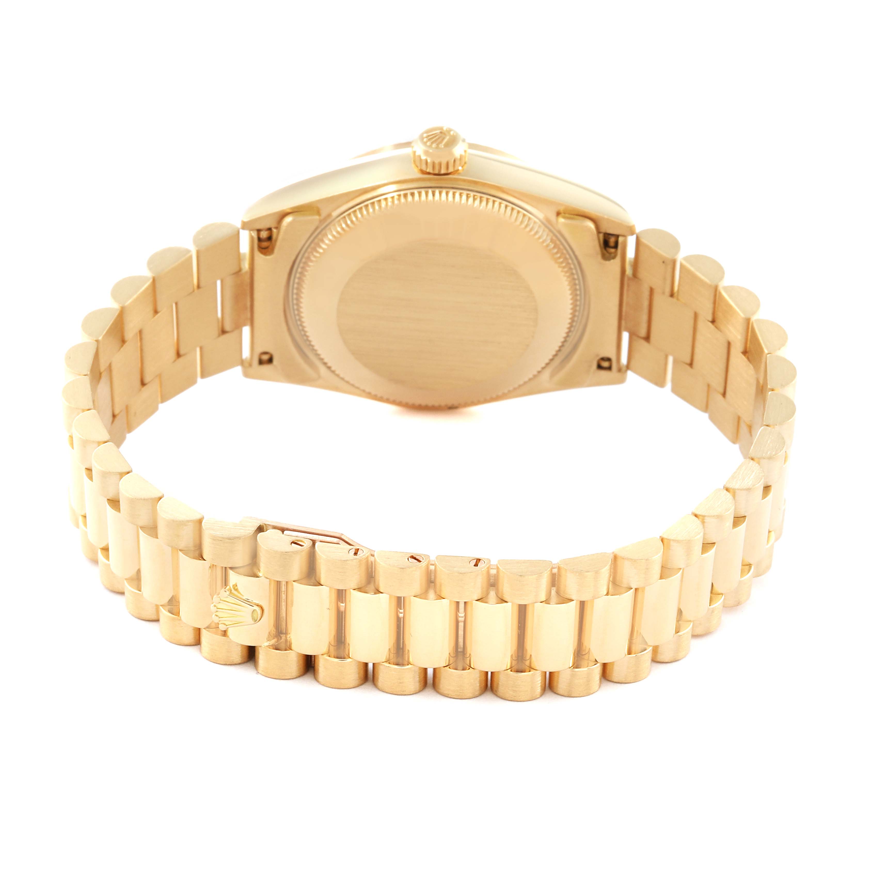 This image shows the back case and bracelet of a Rolex President 68278 Women's Yellow Gold White Dial 68278 Women's Yellow Gold White Dial model watch from a rear angle.