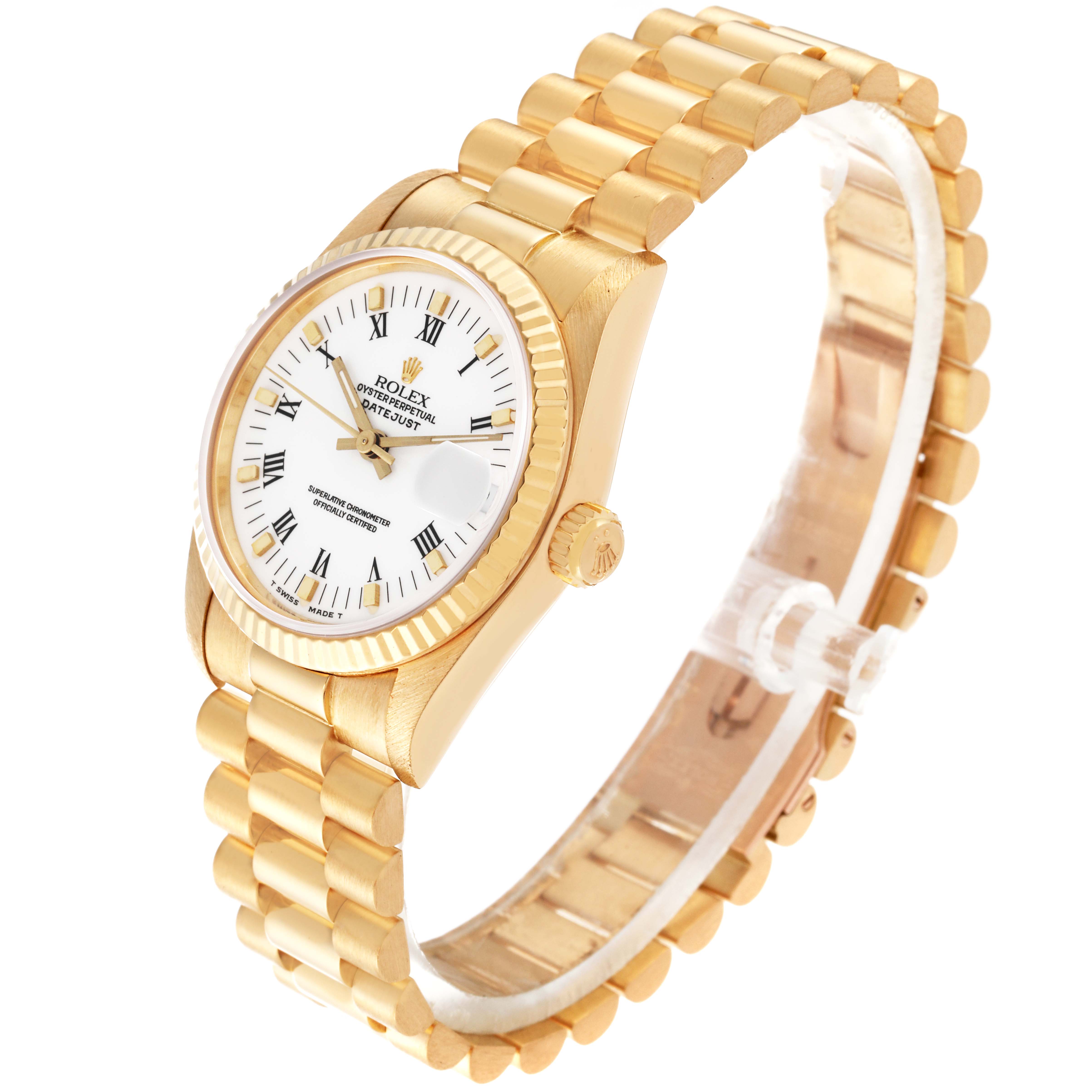 The Rolex President 68278 Women's Yellow Gold White Dial 68278 Women's Yellow Gold White Dial model watch is shown at an angled view, highlighting the gold bracelet and white dial.