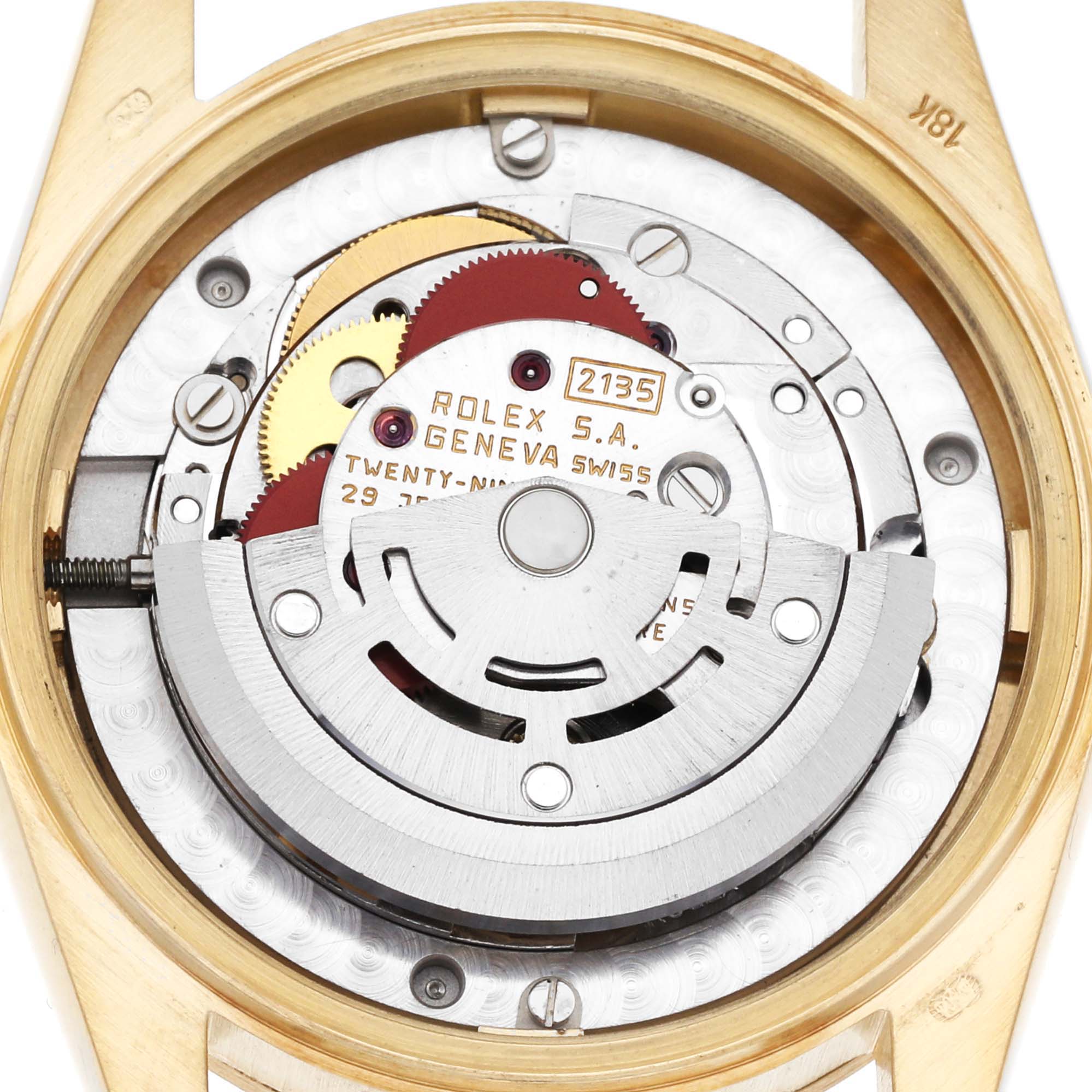 This image shows an overhead view of the movement mechanism inside a Rolex President 68278 Women's Yellow Gold White Dial 68278 Women's Yellow Gold White Dial model watch, revealing intricate gears and components.
