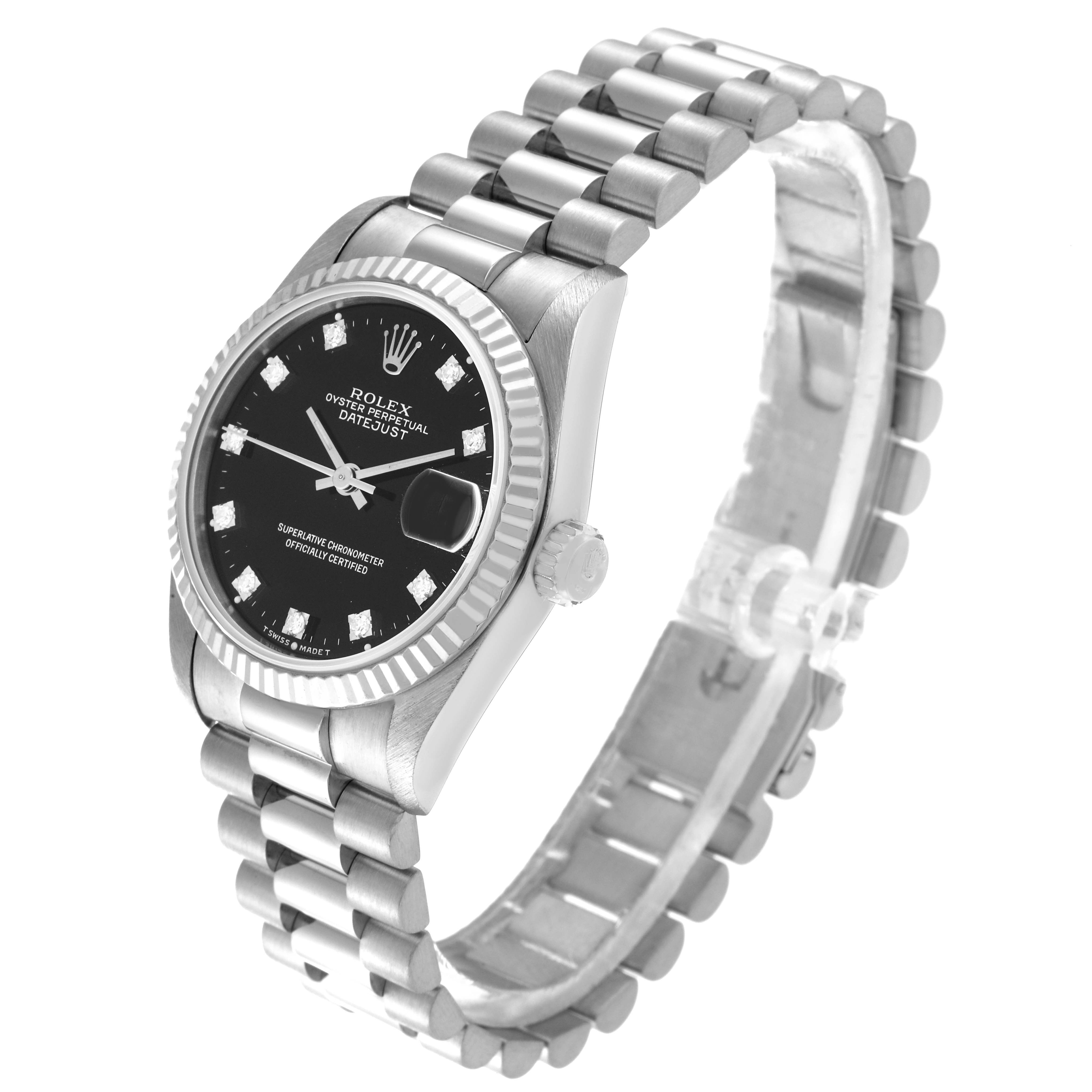 The Rolex President 68279 Women's White Gold Black Dial 68279 Women's White Gold Black Dial model watch is shown at an angled side view, displaying its dial, bezel, crown, and bracelet.