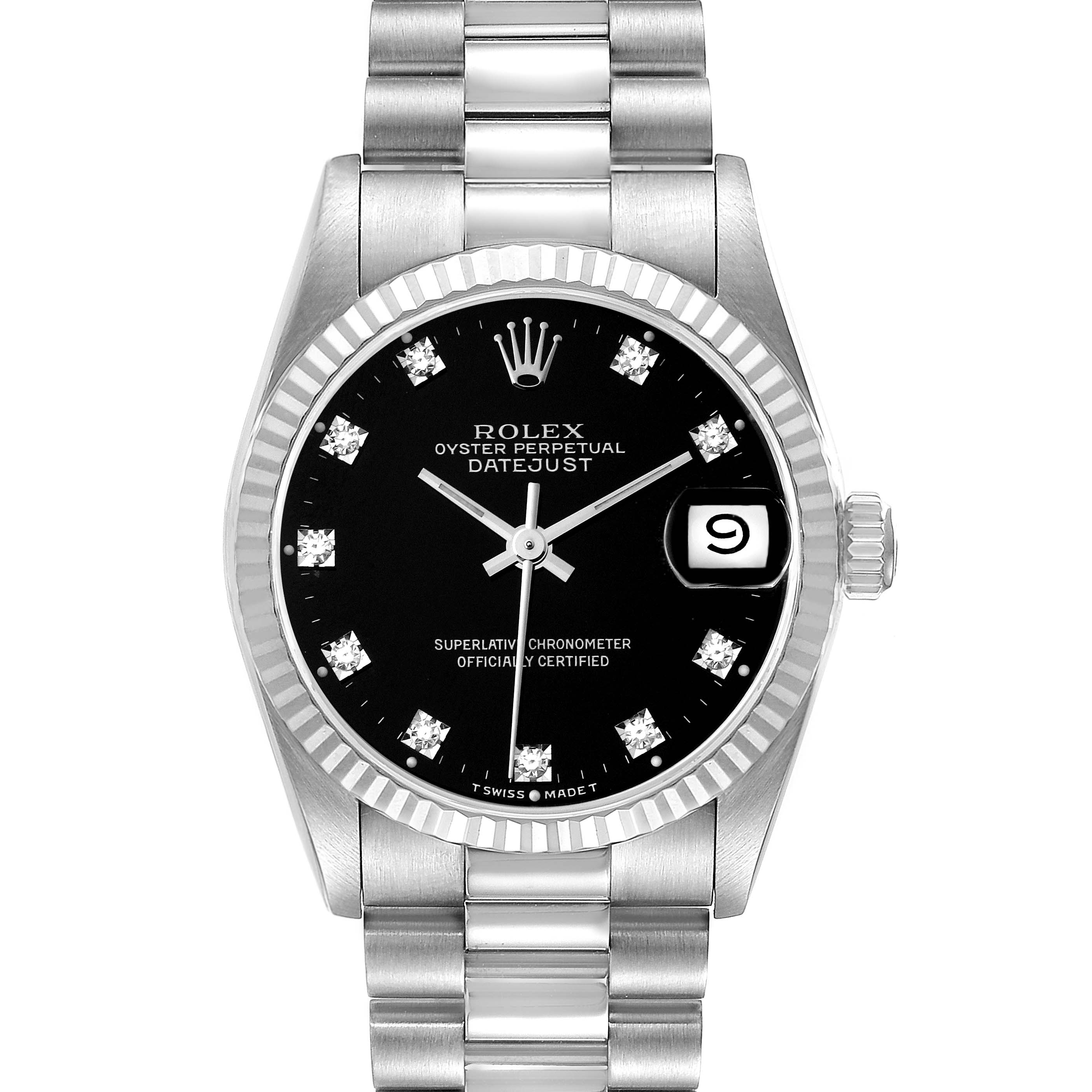 This image shows a front view of a Rolex President 68279 Women's White Gold Black Dial 68279 Women's White Gold Black Dial model featuring a black dial, silver bracelet, and a date display at 3 o'clock.