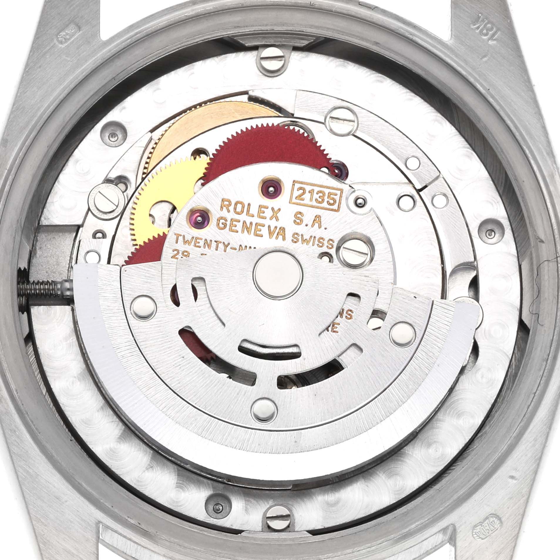 This image shows the internal mechanism of a Rolex President 68279 Women's White Gold Black Dial 68279 Women's White Gold Black Dial model from a top-down angle, revealing the intricate movement components.