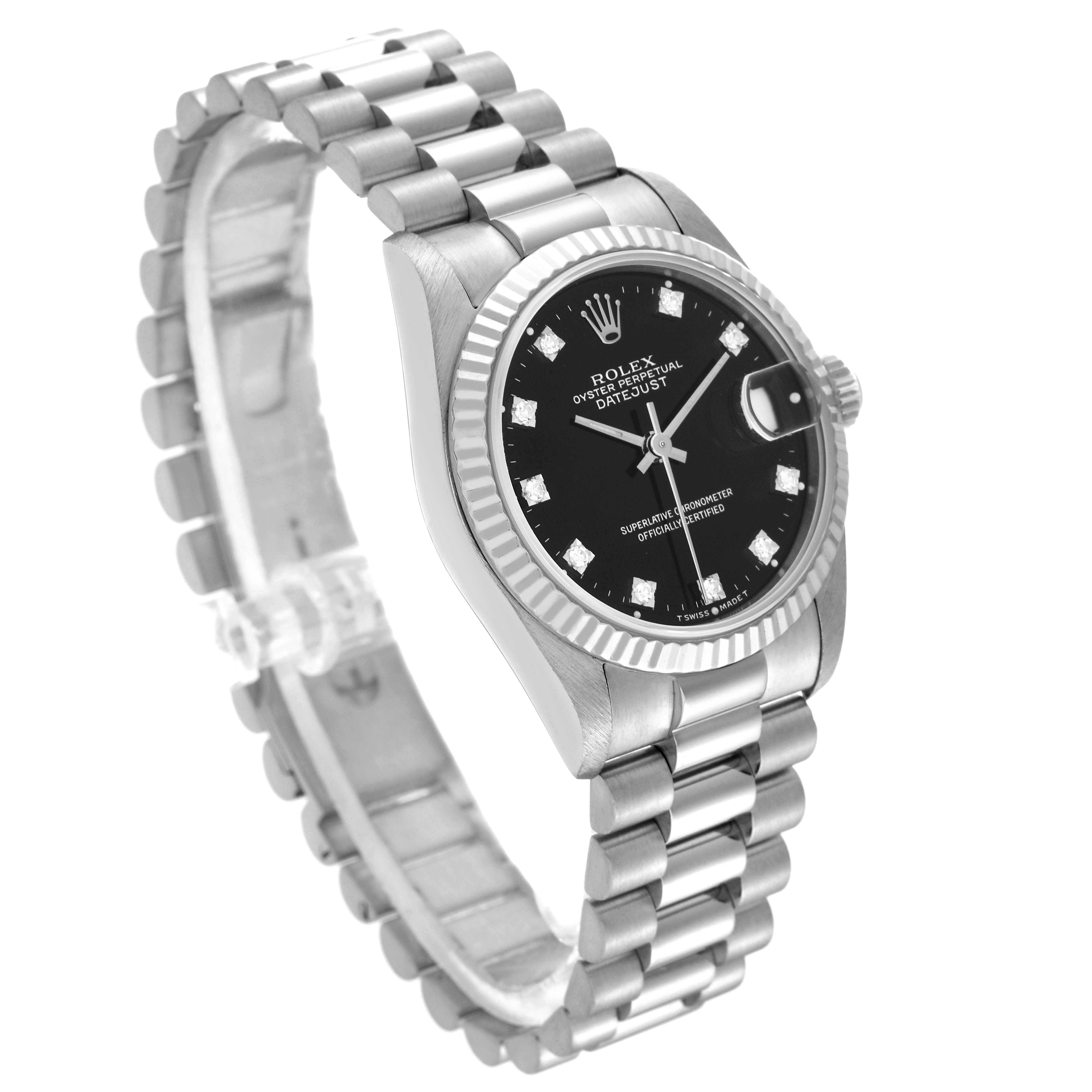 This image shows a Rolex President 68279 Women's White Gold Black Dial 68279 Women's White Gold Black Dial model watch angled to display the watch face, bezel, and bracelet.