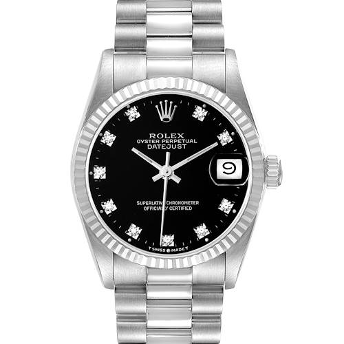 The image shows a front view of a Rolex President model watch, displaying the dial, bezel, markers, hands, and part of the bracelet.