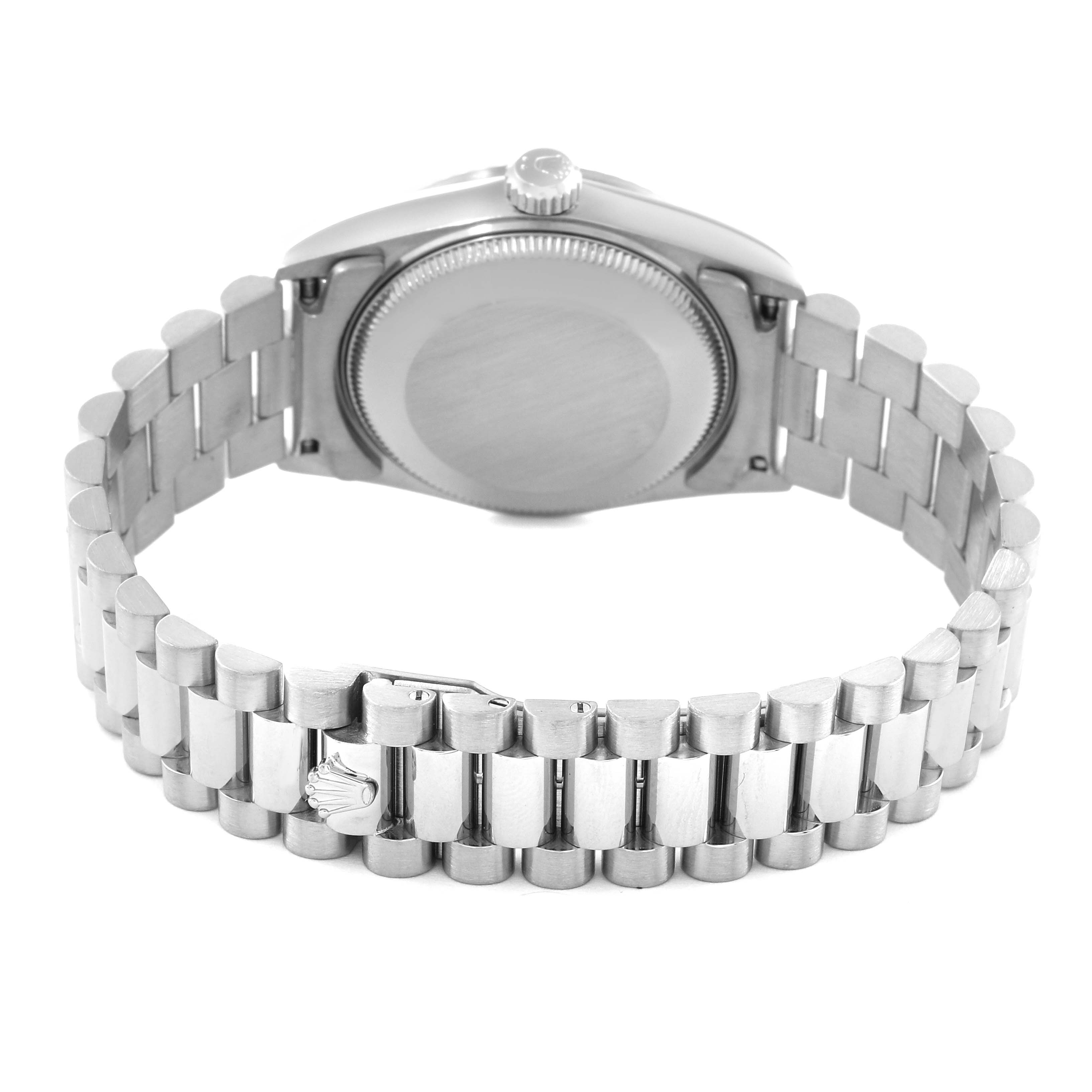 The image shows the back of a Rolex President 68279 Women's White Gold Black Dial 68279 Women's White Gold Black Dial model watch, highlighting the case back and the bracelet.