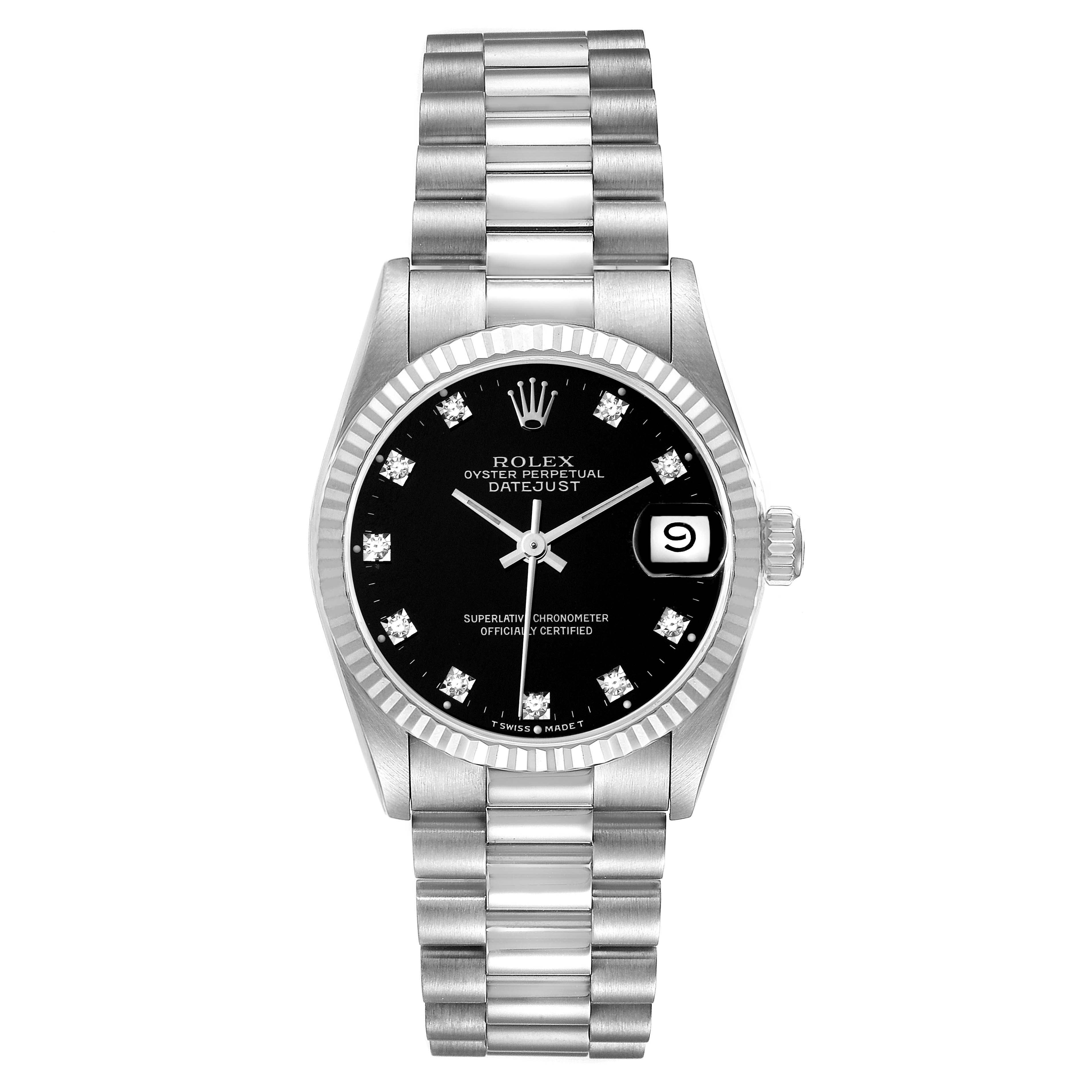 This image shows a front view of the Rolex President 68279 Women's White Gold Black Dial 68279 Women's White Gold Black Dial model watch, highlighting its face, bezel, and bracelet.