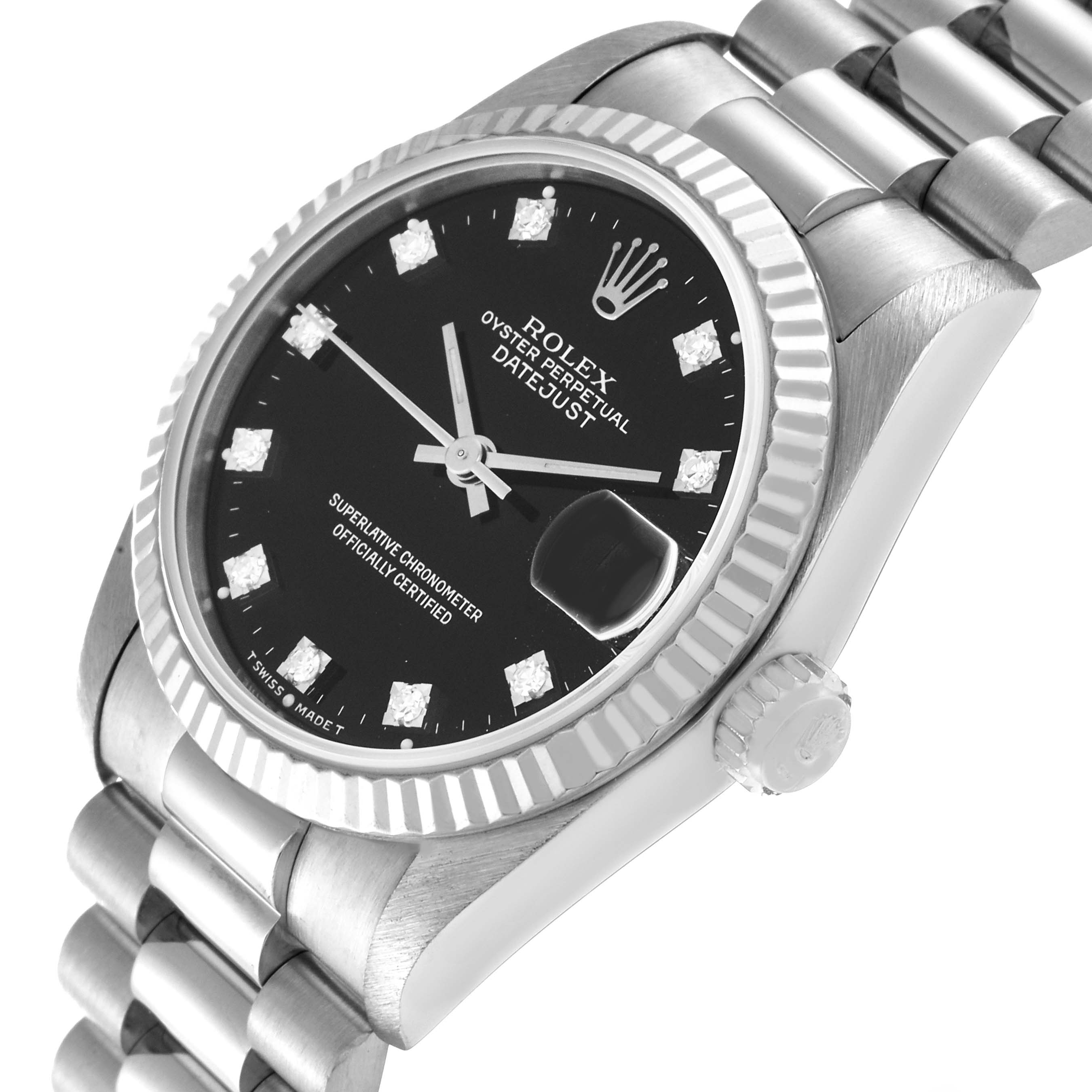 The image shows a Rolex President 68279 Women's White Gold Black Dial 68279 Women's White Gold Black Dial model from an angled close-up view, highlighting the dial, bezel, crown, and part of the bracelet.