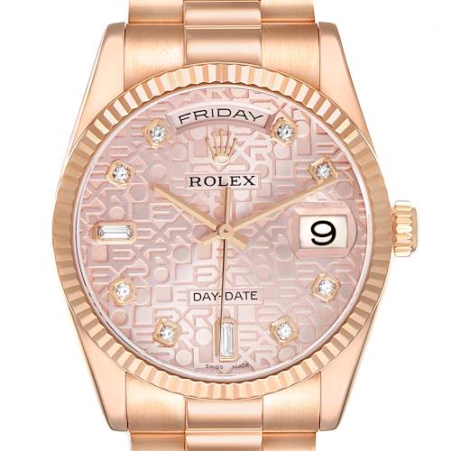 The Rolex President 118235 Men's Rose Gold Pink Dial model is shown from the front, highlighting its face, bezel, and part of the bracelet.
