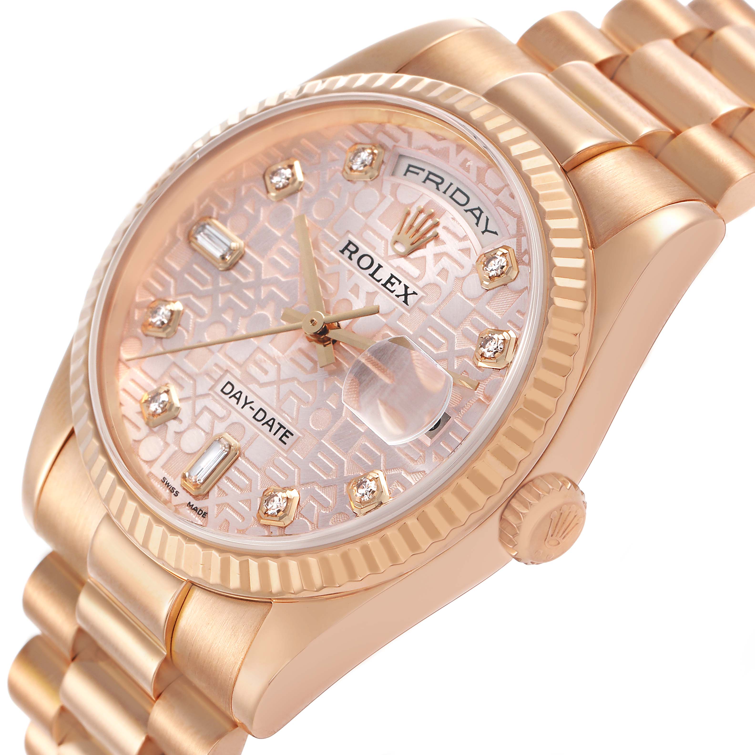 The Rolex President 118235 Men's Rose Gold Pink Dial model is shown at an oblique angle, displaying its rose gold case, diamond markers, and bracelet.