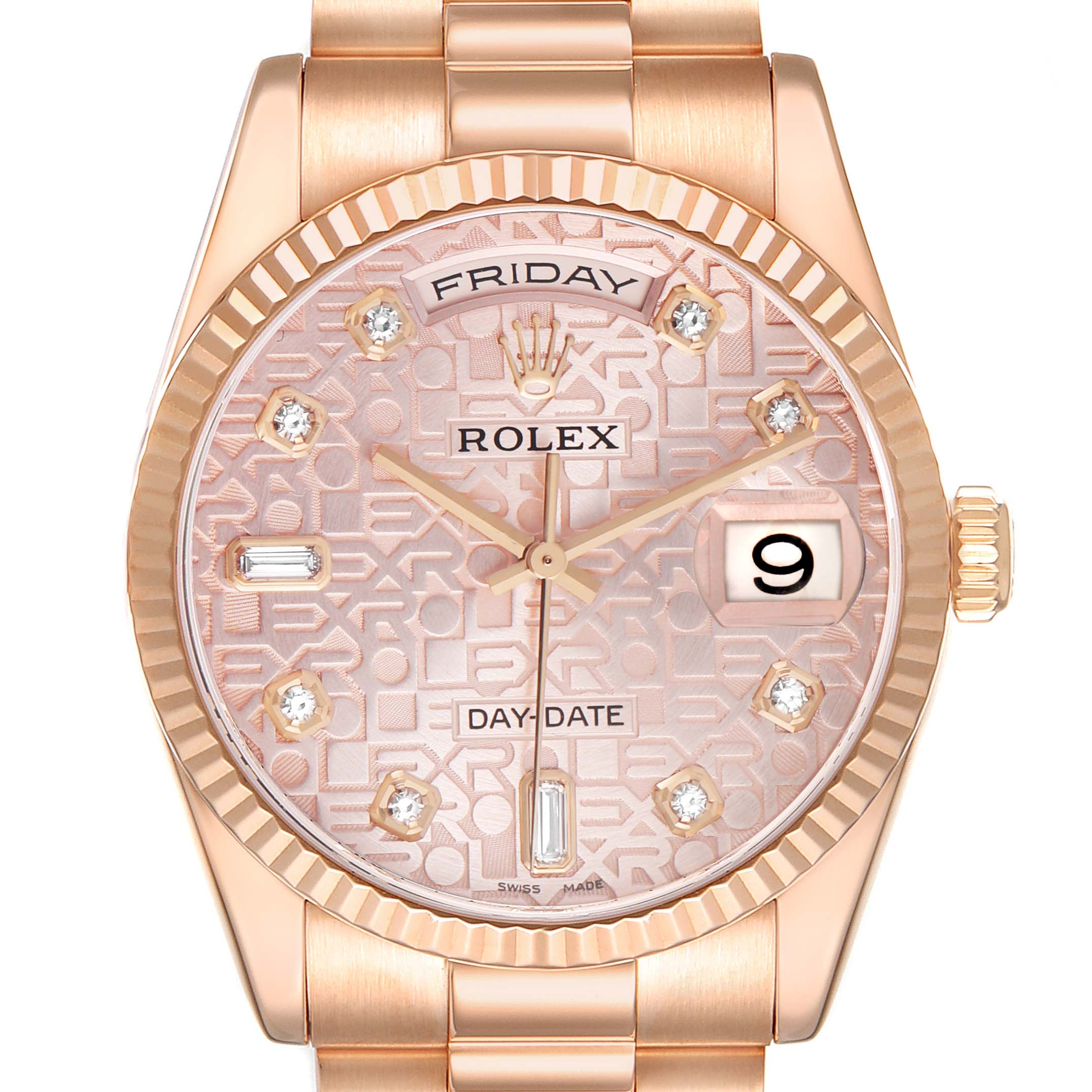 The Rolex President 118235 Men's Rose Gold Pink Dial model watch is shown from the front, highlighting its dial, day-date display, fluted bezel, and bracelet.