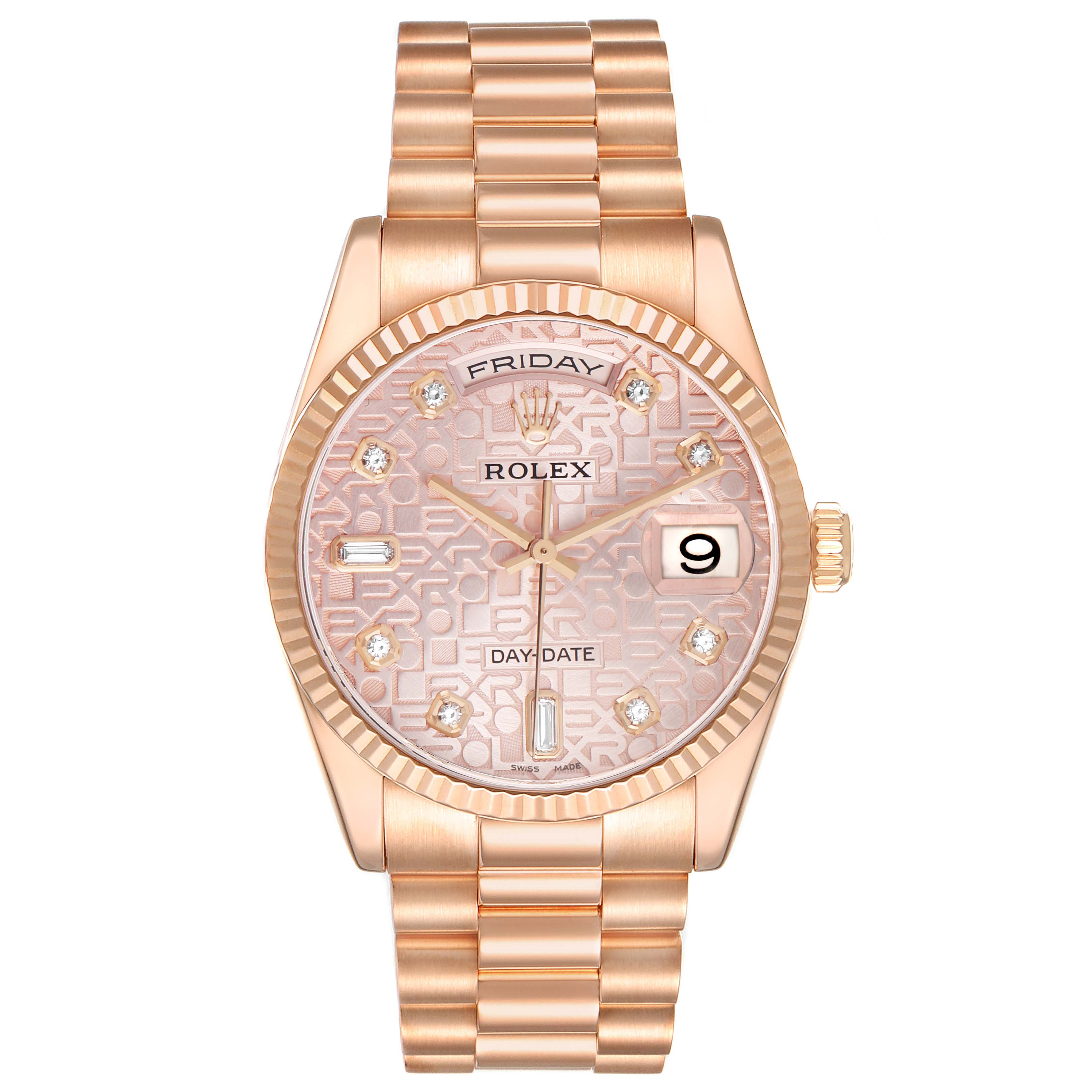 The Rolex President 118235 Men's Rose Gold Pink Dial model watch is shown from the front, displaying its rose gold bracelet, fluted bezel, and diamond-set dial with day-date features.