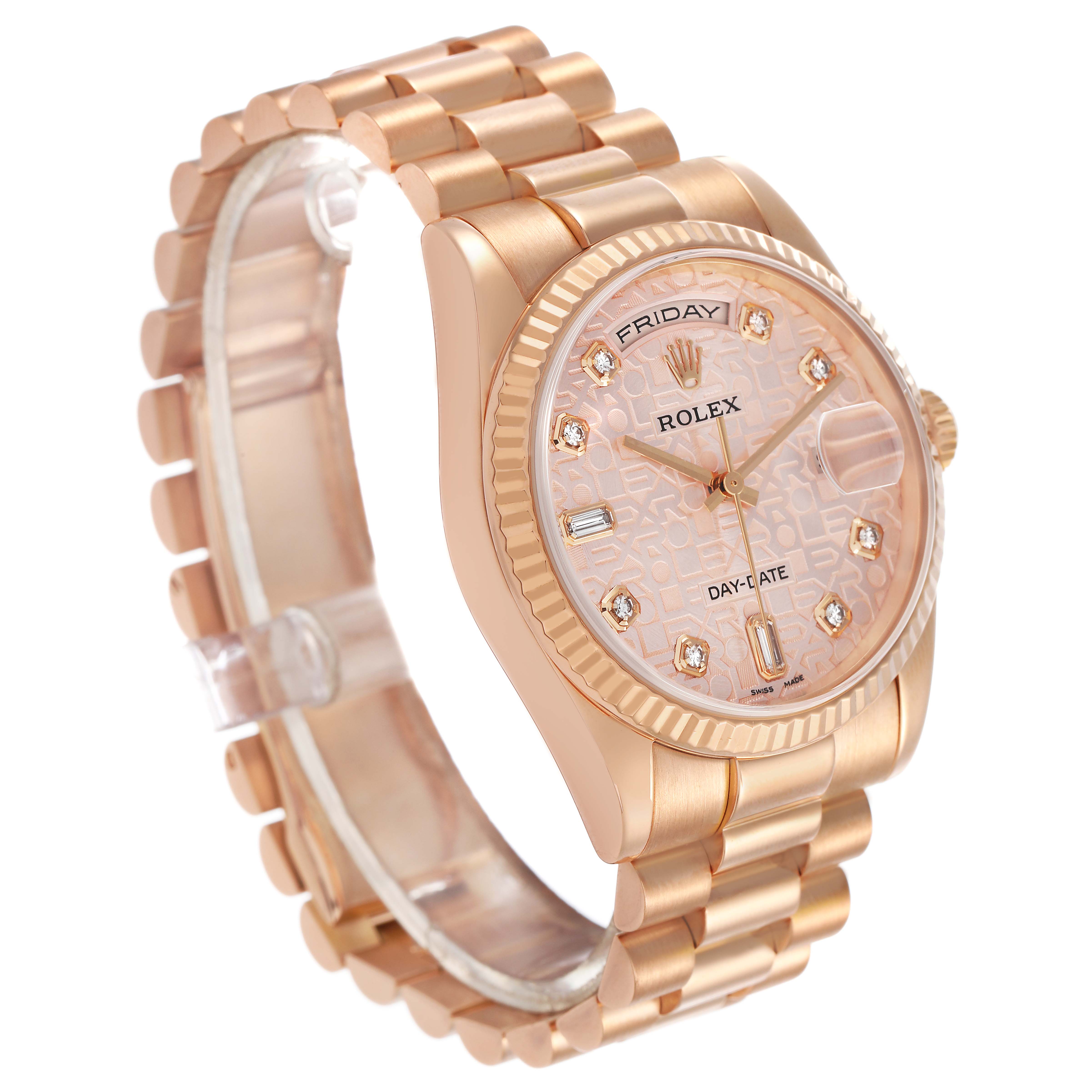 The Rolex President 118235 Men's Rose Gold Pink Dial model watch is shown at a three-quarter angle, displaying its face, bezel, and bracelet clearly.