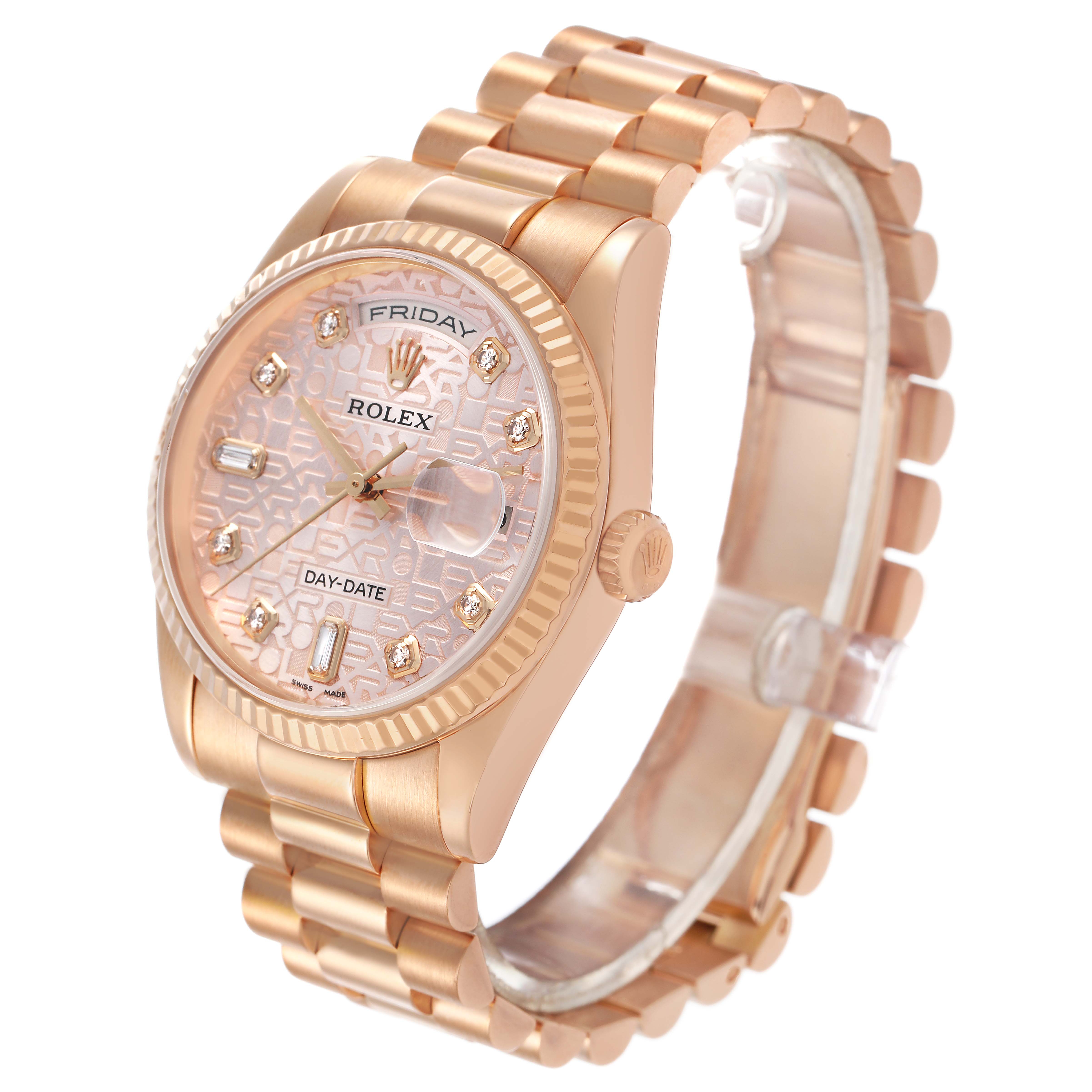 The Rolex President 118235 Men's Rose Gold Pink Dial model watch is shown at a three-quarter angle, displaying its face, bezel, bracelet, and crown.