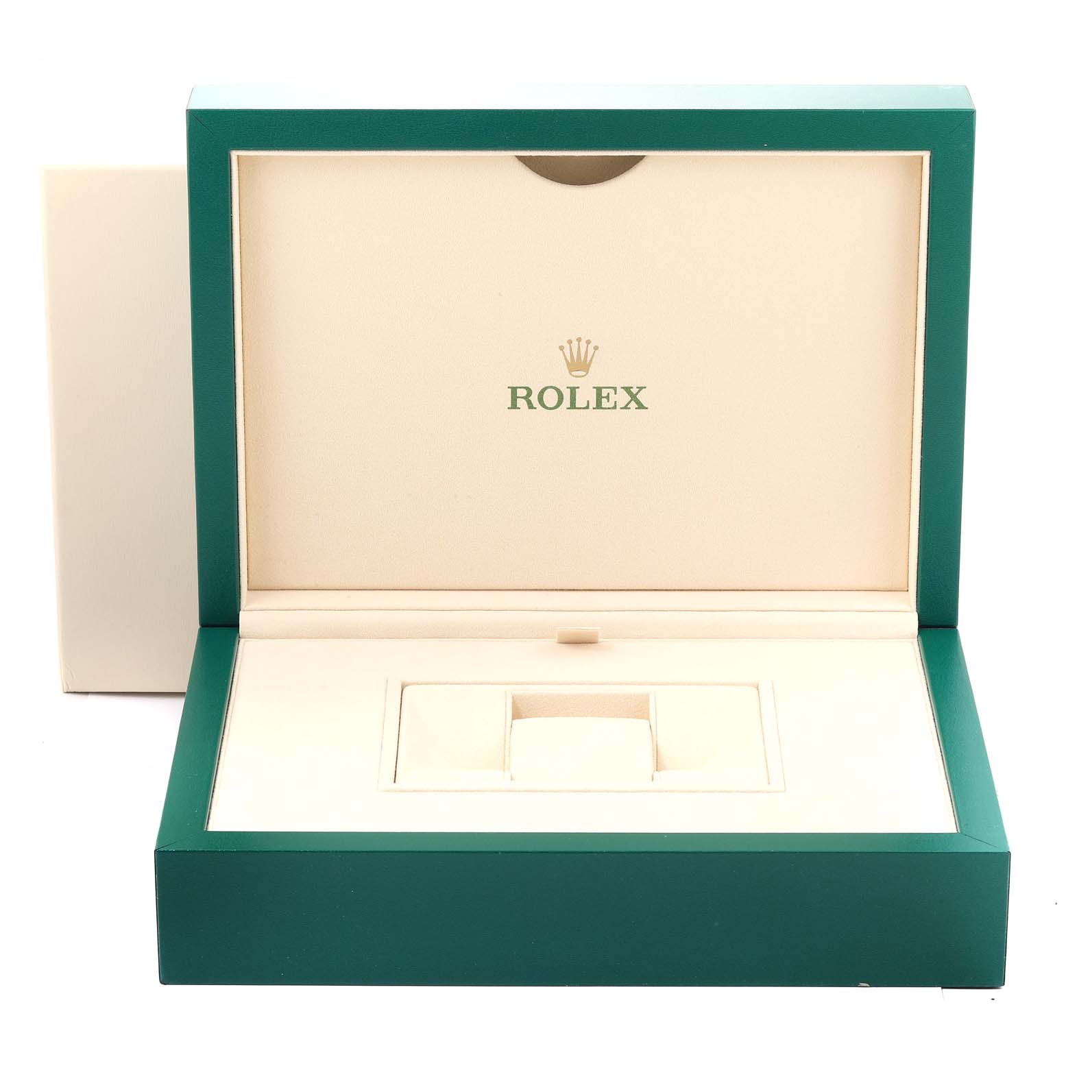 The image shows an open green and beige Rolex President 18346 Men's White Gold Silver Dial 18346 Men's White Gold Silver Dial watch box with the Rolex logo on the inside lid.