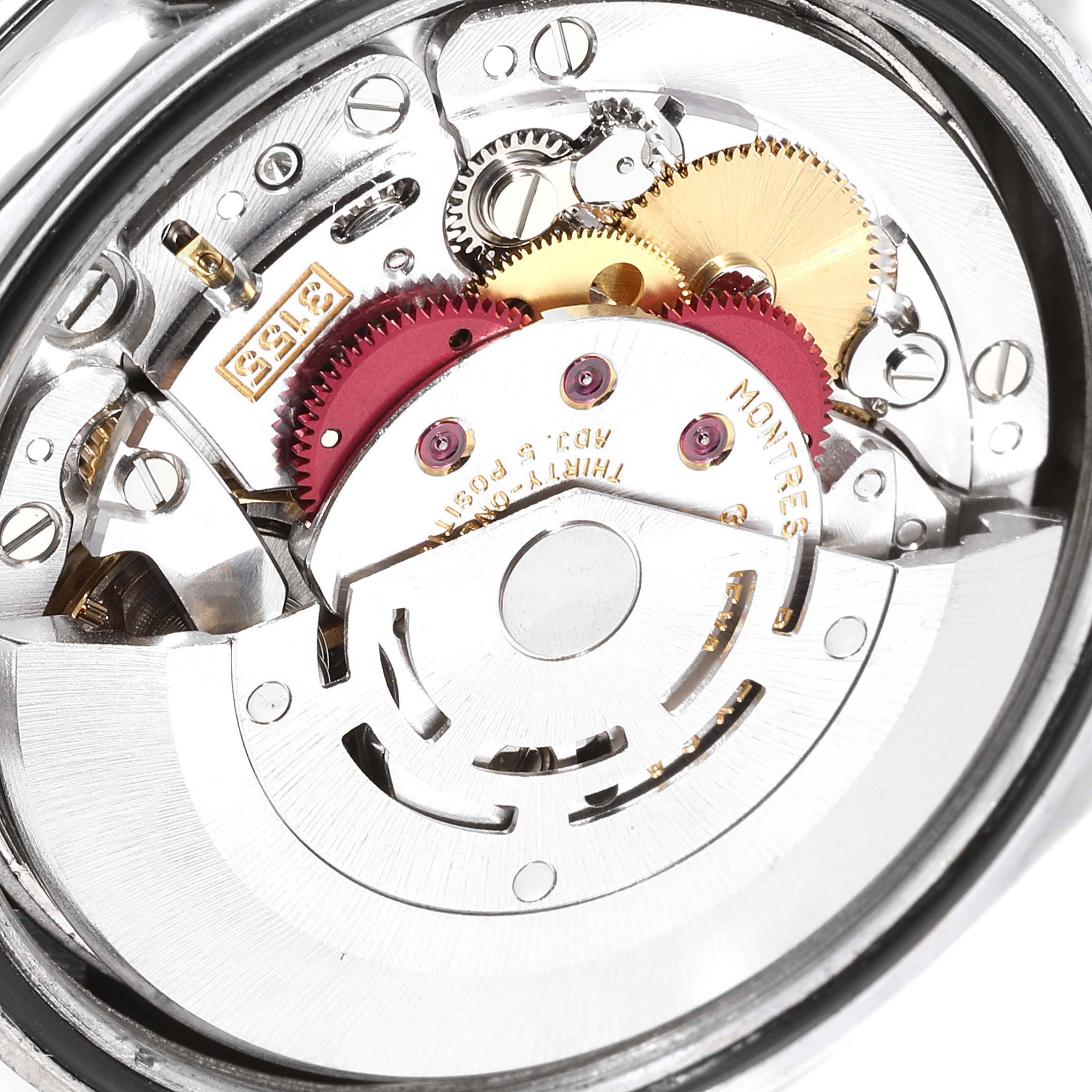 This image shows the internal gear mechanism and movements of the Rolex President 18346 Men's White Gold Silver Dial 18346 Men's White Gold Silver Dial model watch from a close-up angle.