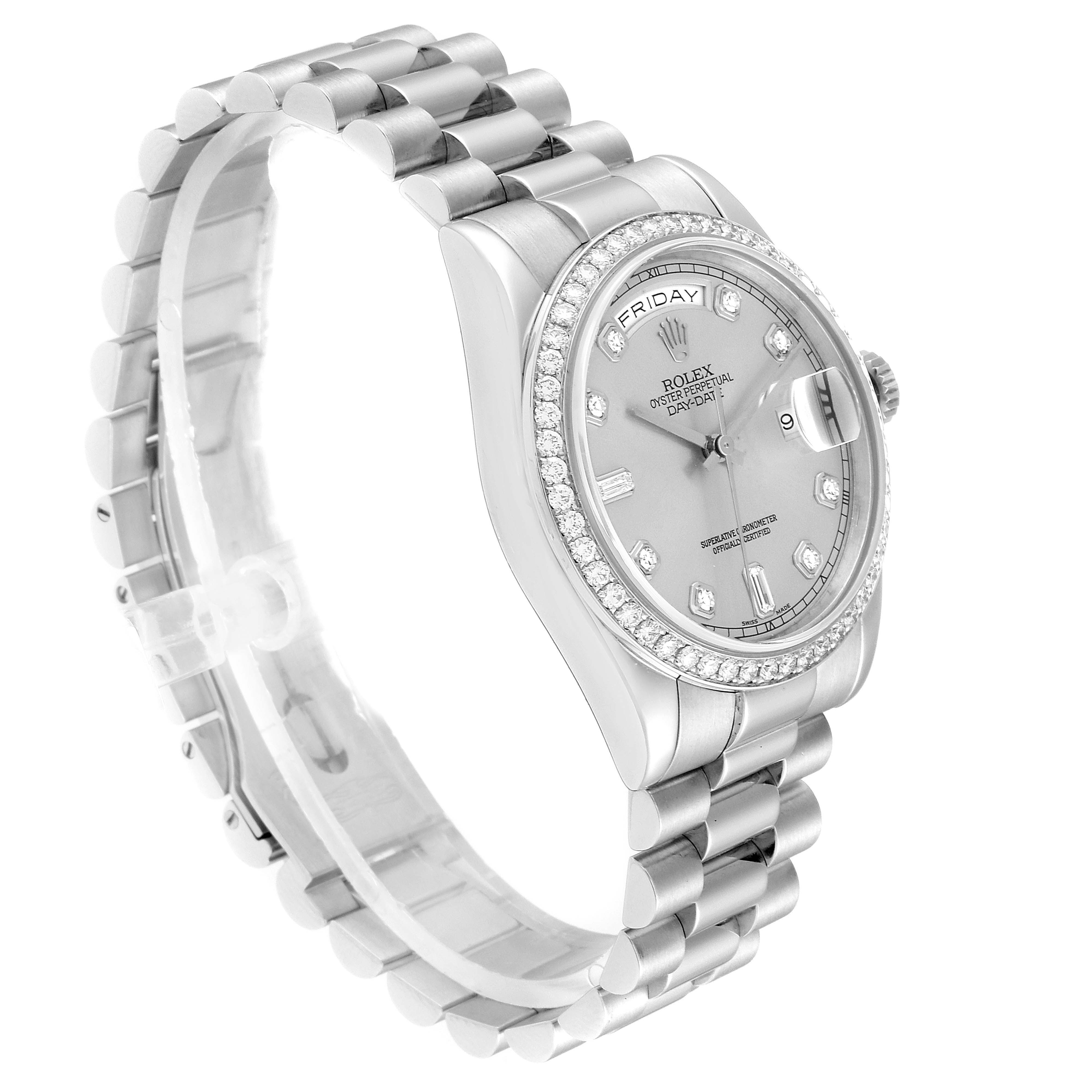 This image shows a side-angle view of a Rolex President 18346 Men's White Gold Silver Dial 18346 Men's White Gold Silver Dial model watch, highlighting its bracelet, case, and dial.