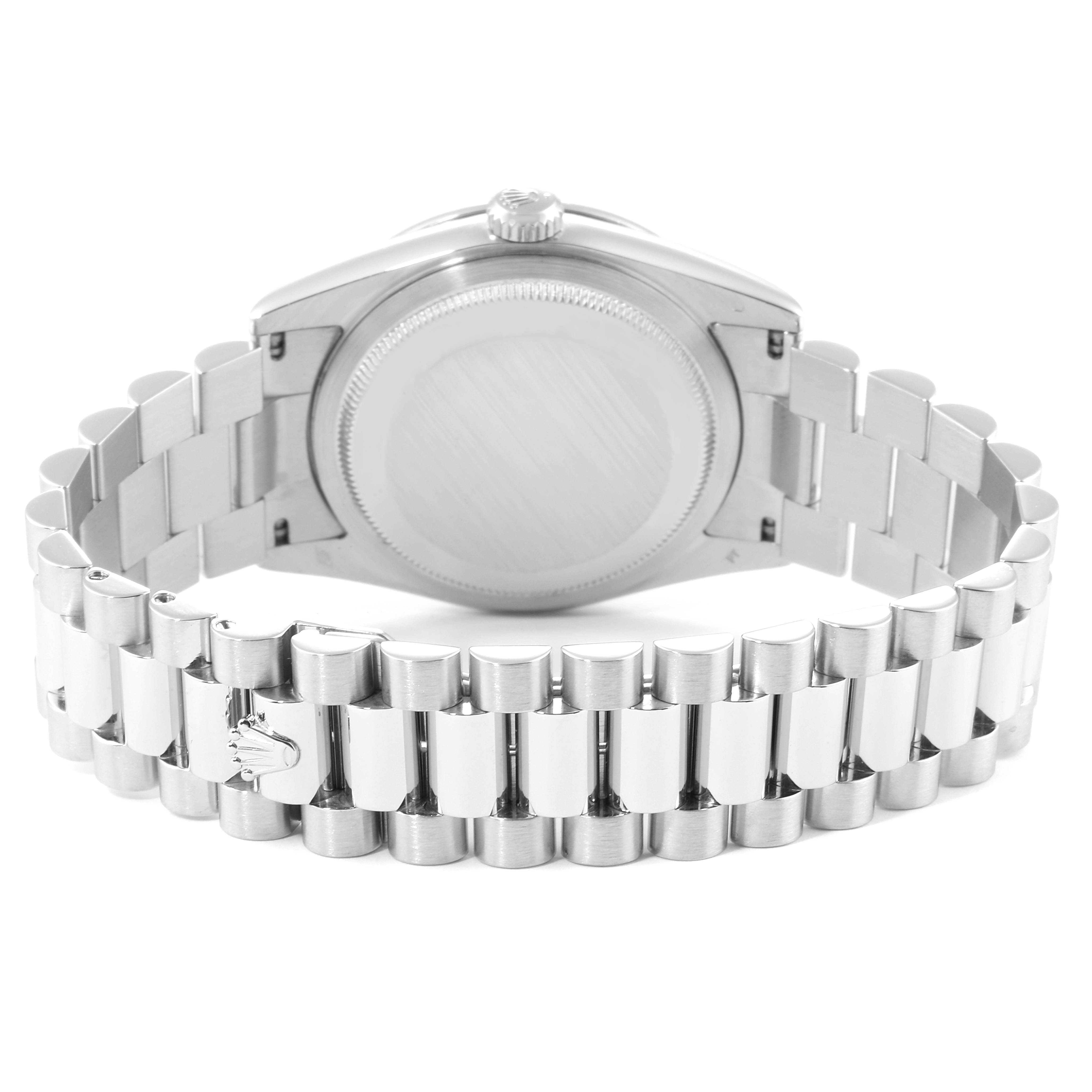 The image shows the back and bracelet of a Rolex President 18346 Men's White Gold Silver Dial 18346 Men's White Gold Silver Dial model watch, focusing on the clasp and case back.