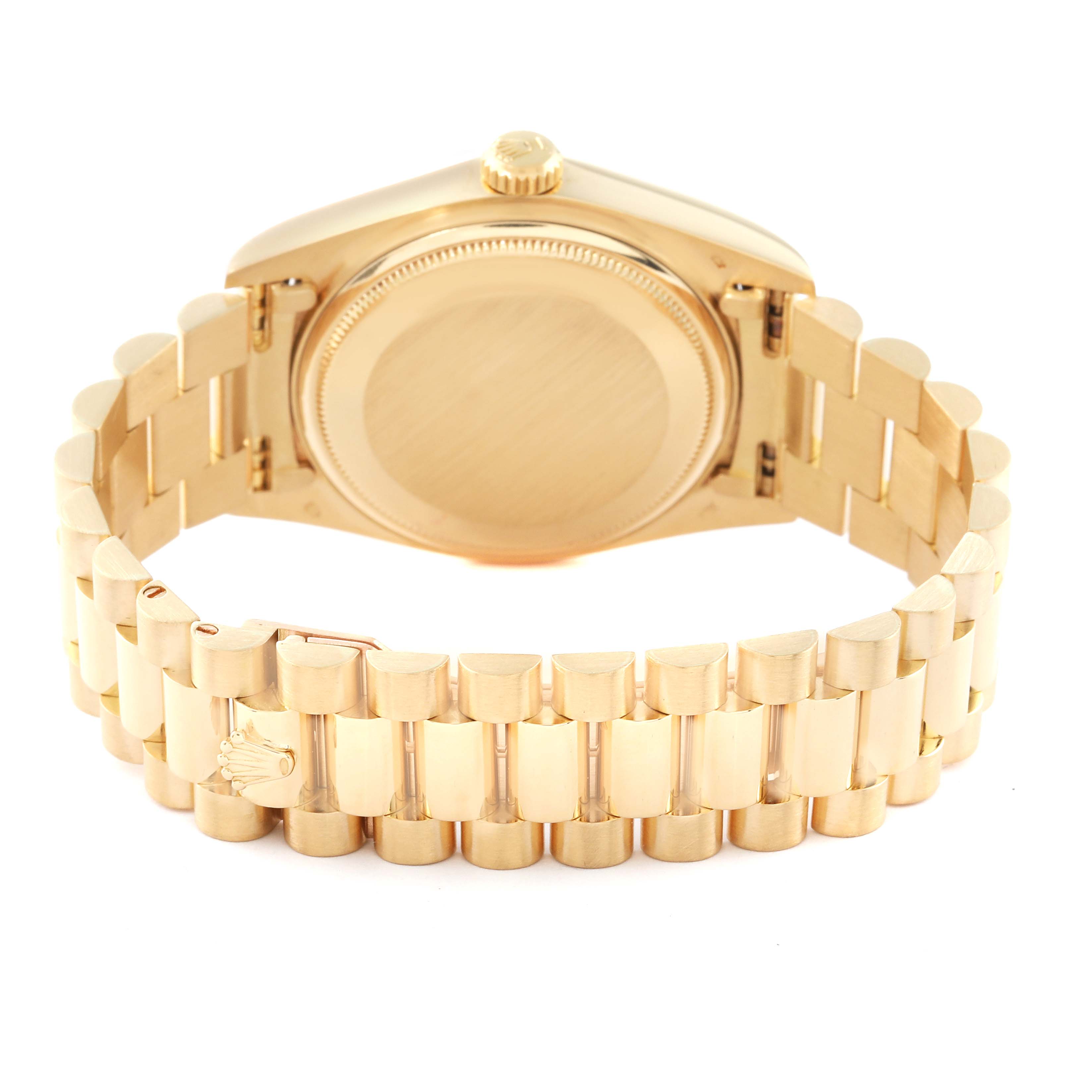 This image shows the back and bracelet of a gold Rolex President 18038 Men's Yellow Gold Black Dial 18038 Men's Yellow Gold Black Dial model watch.