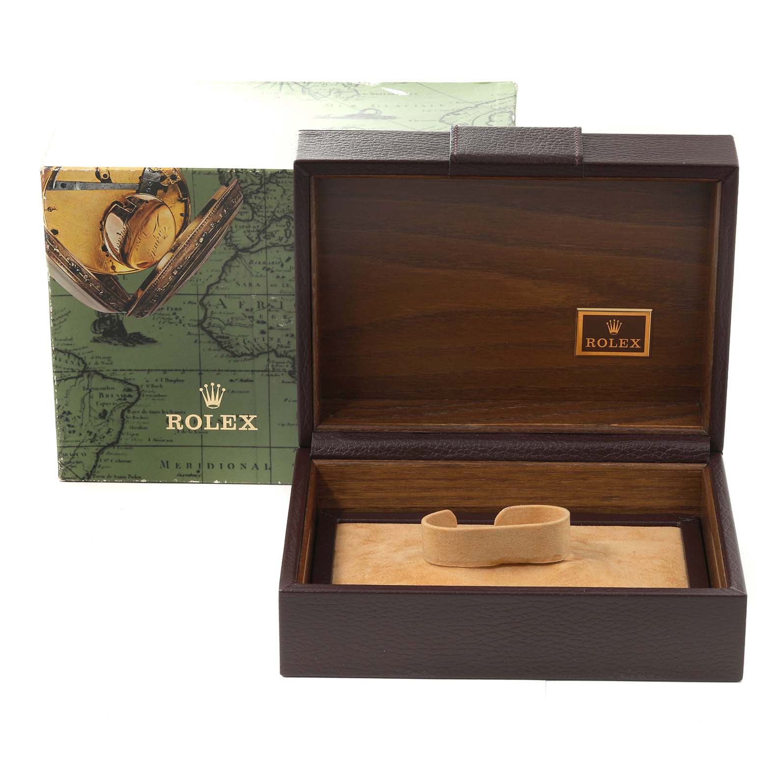 The image shows a Rolex President 18038 Men's Yellow Gold Black Dial 18038 Men's Yellow Gold Black Dial model watch box, opened to reveal the interior, placed beside its outer packaging.