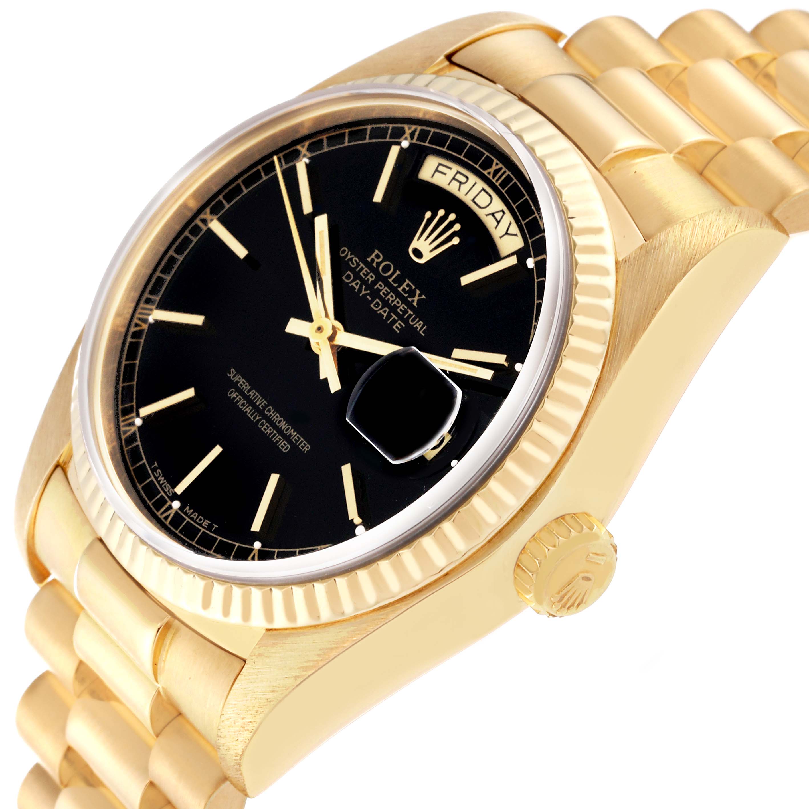The Rolex President 18038 Men's Yellow Gold Black Dial 18038 Men's Yellow Gold Black Dial model watch is shown at an angled view, highlighting its black dial, fluted bezel, day/date feature, and gold bracelet.