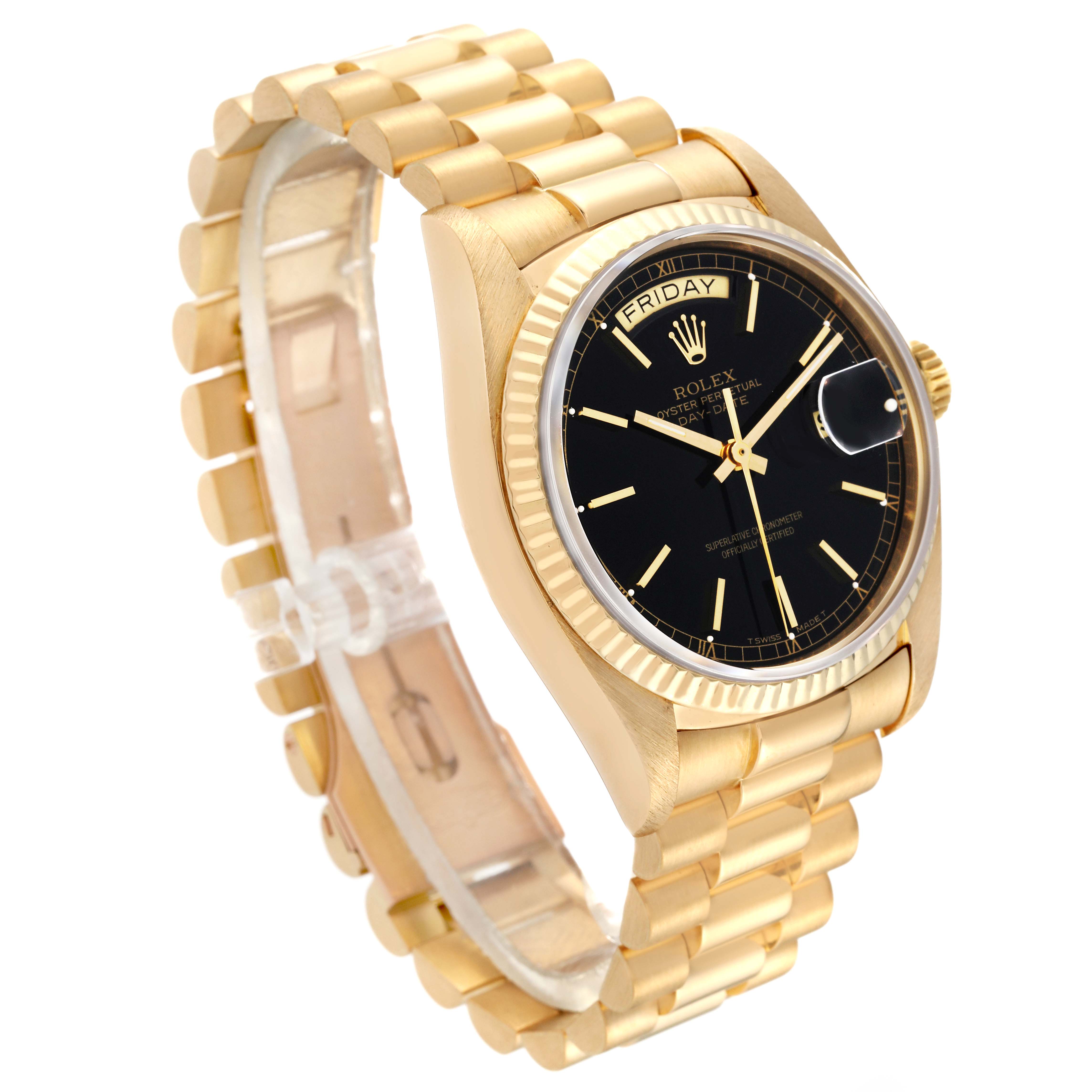 This image shows a Rolex President 18038 Men's Yellow Gold Black Dial 18038 Men's Yellow Gold Black Dial model watch from an angled side view, highlighting the gold bracelet, black dial, and day-date display.