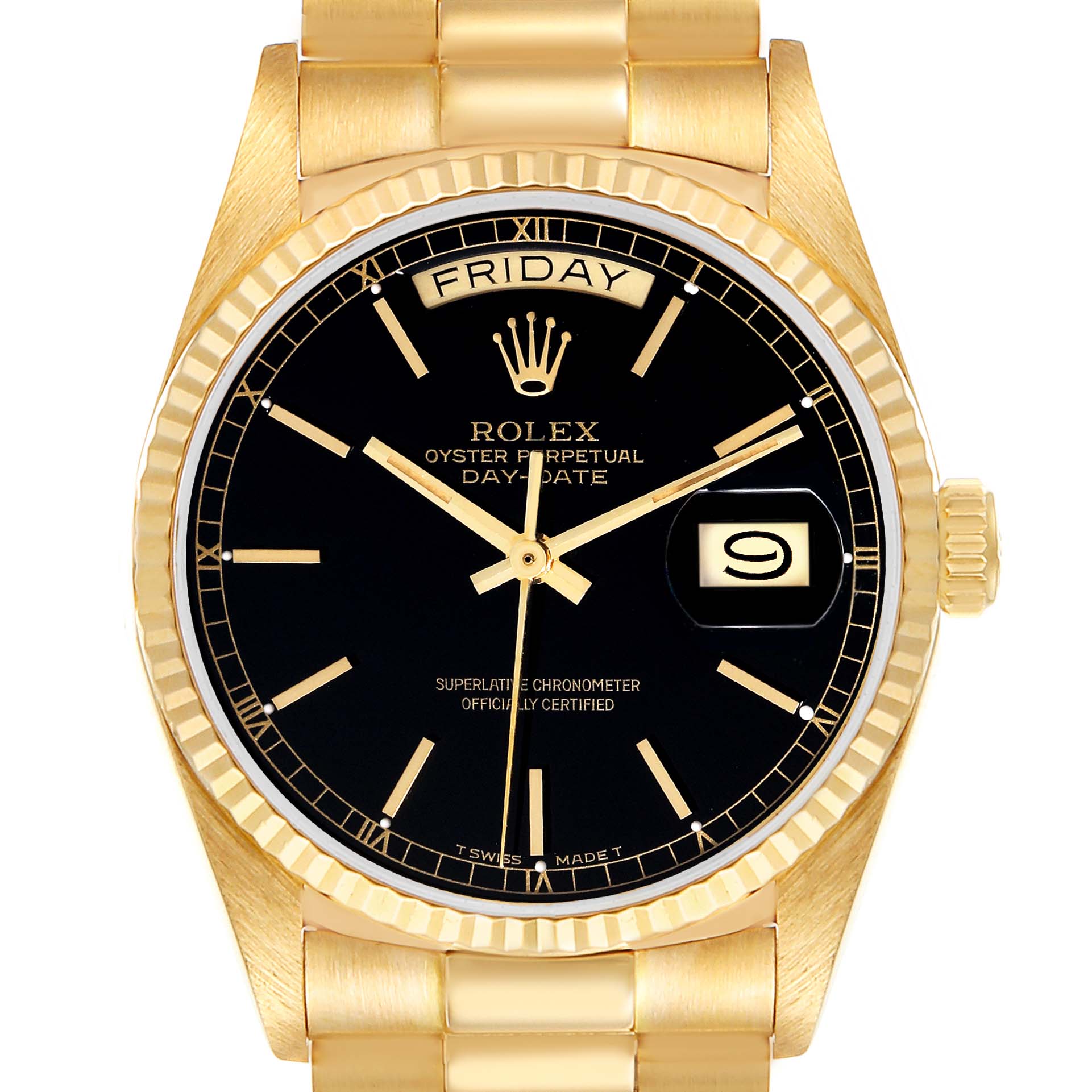 This image shows the entire face, bezel, and a portion of the bracelet of a Rolex President 18038 Men's Yellow Gold Black Dial 18038 Men's Yellow Gold Black Dial Day-Date watch.