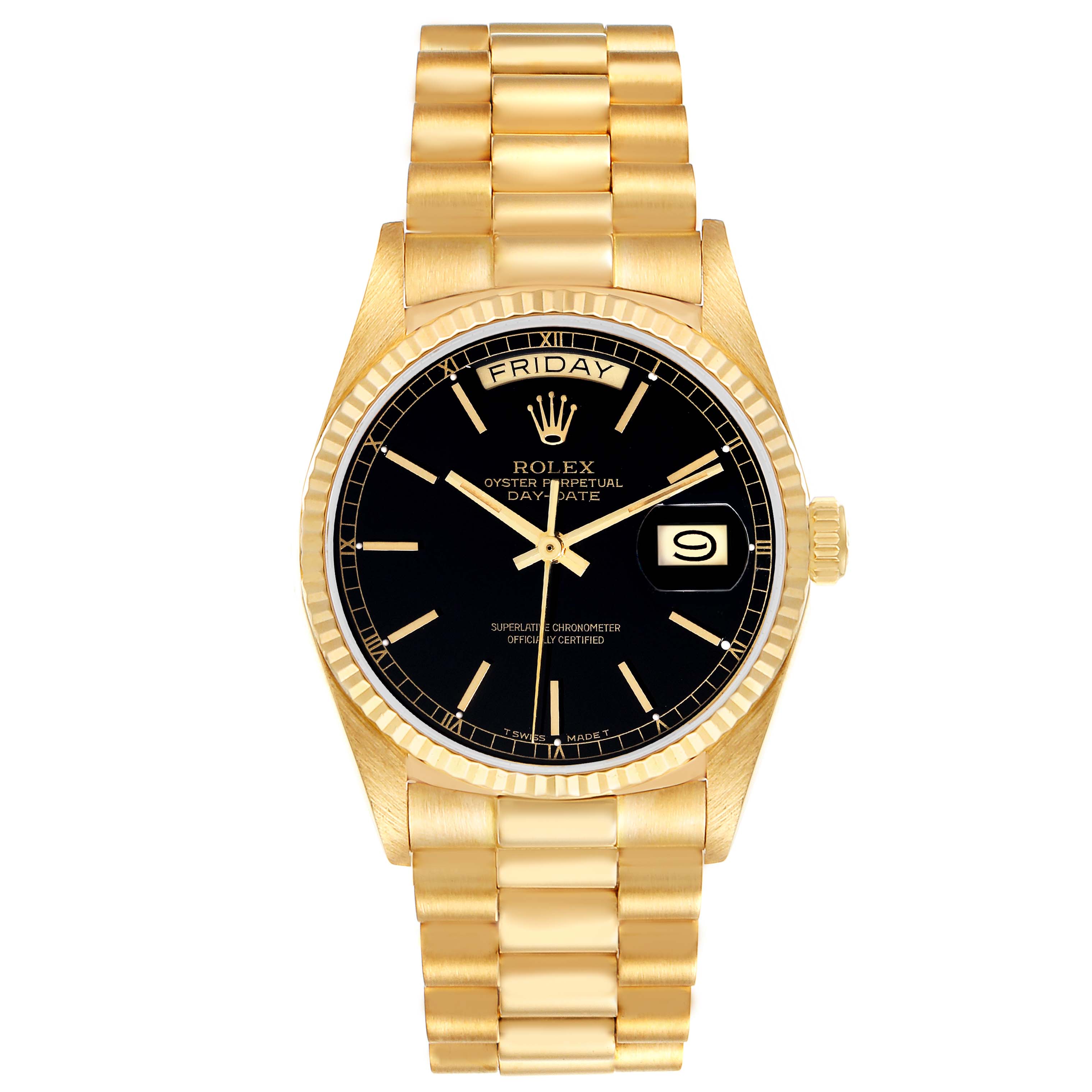 The image shows a Rolex President 18038 Men's Yellow Gold Black Dial 18038 Men's Yellow Gold Black Dial model watch from a front angle, displaying the full face, bezel, crown, and bracelet.