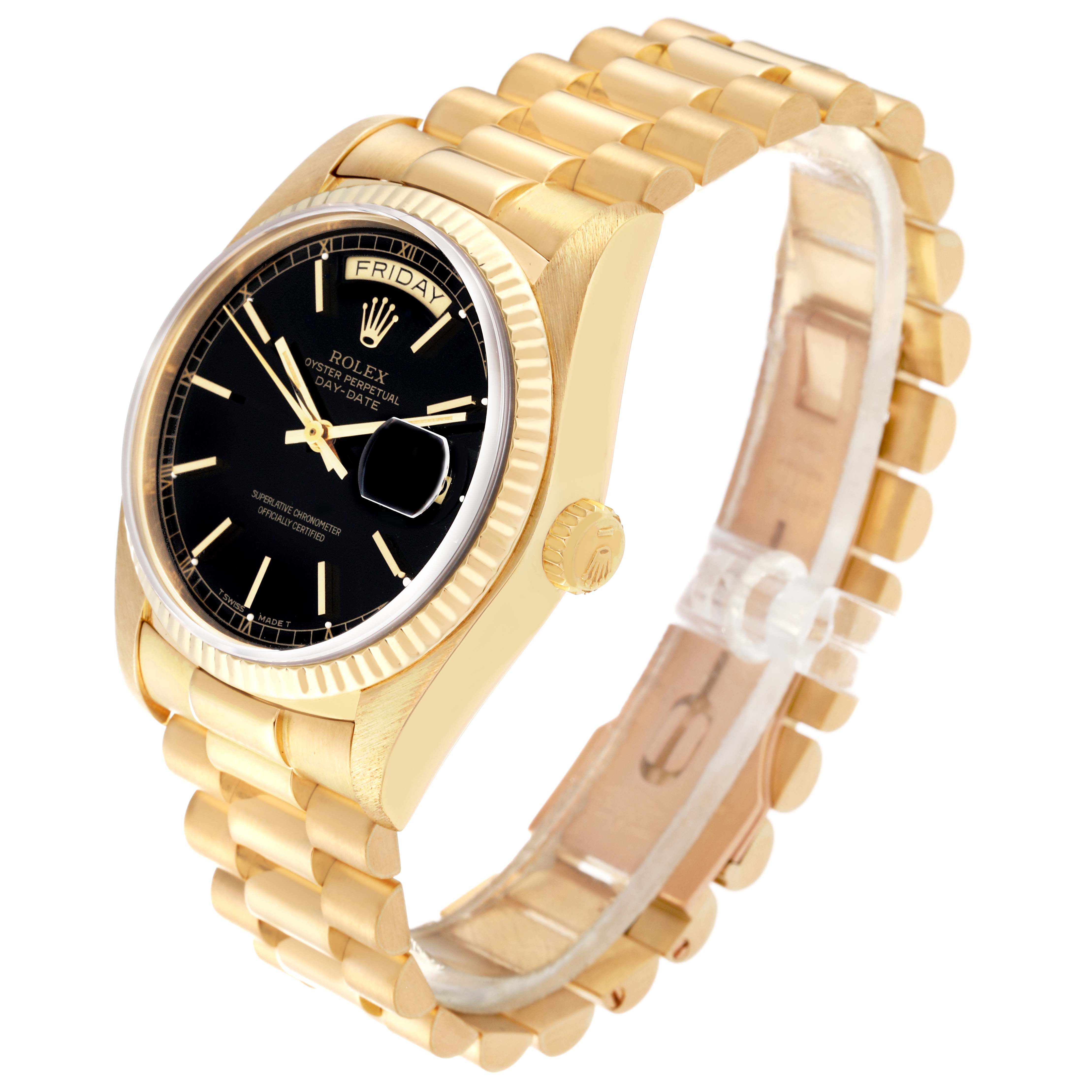 The image shows a Rolex President 18038 Men's Yellow Gold Black Dial 18038 Men's Yellow Gold Black Dial model watch at an angled view, displaying the gold case, black dial, fluted bezel, bracelet, and crown.