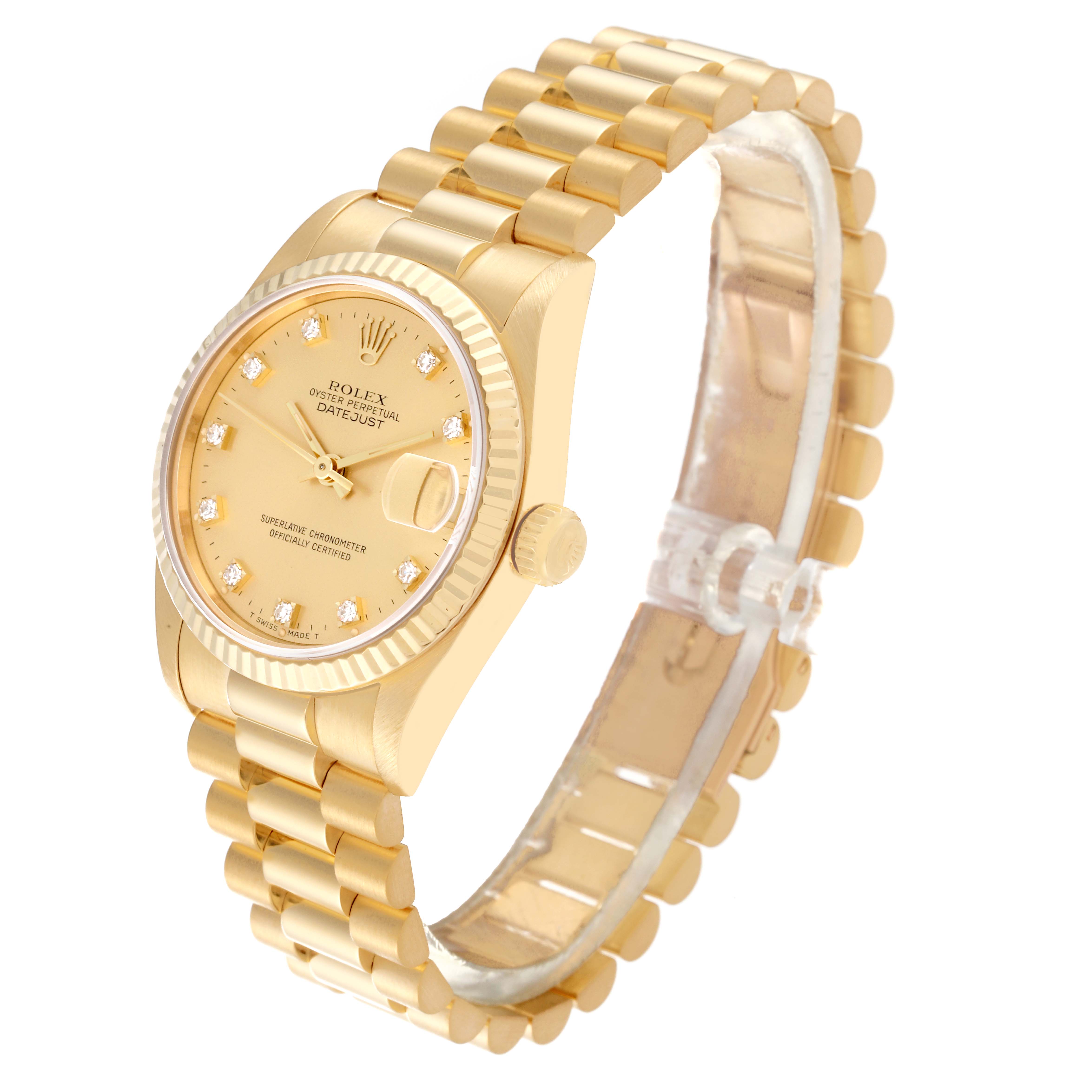 The image shows a side view of a Rolex President 68278G Women's Yellow Gold Champagne Dial 68278G Women's Yellow Gold Champagne Dial model watch, highlighting the band, dial, and crown.