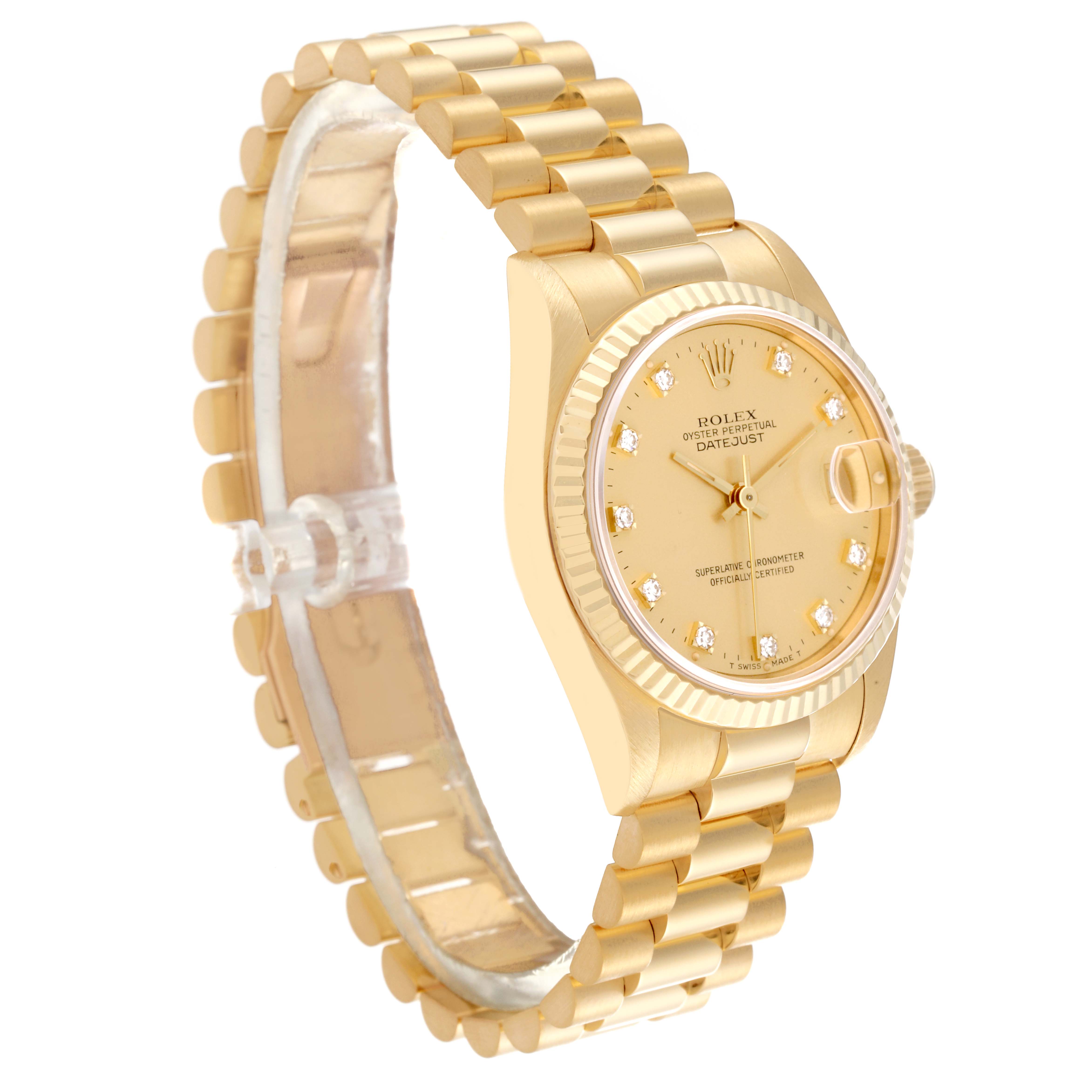 The image shows a gold Rolex President 68278G Women's Yellow Gold Champagne Dial 68278G Women's Yellow Gold Champagne Dial model watch at a 3/4 angle view, highlighting the bracelet, face, and bezel.