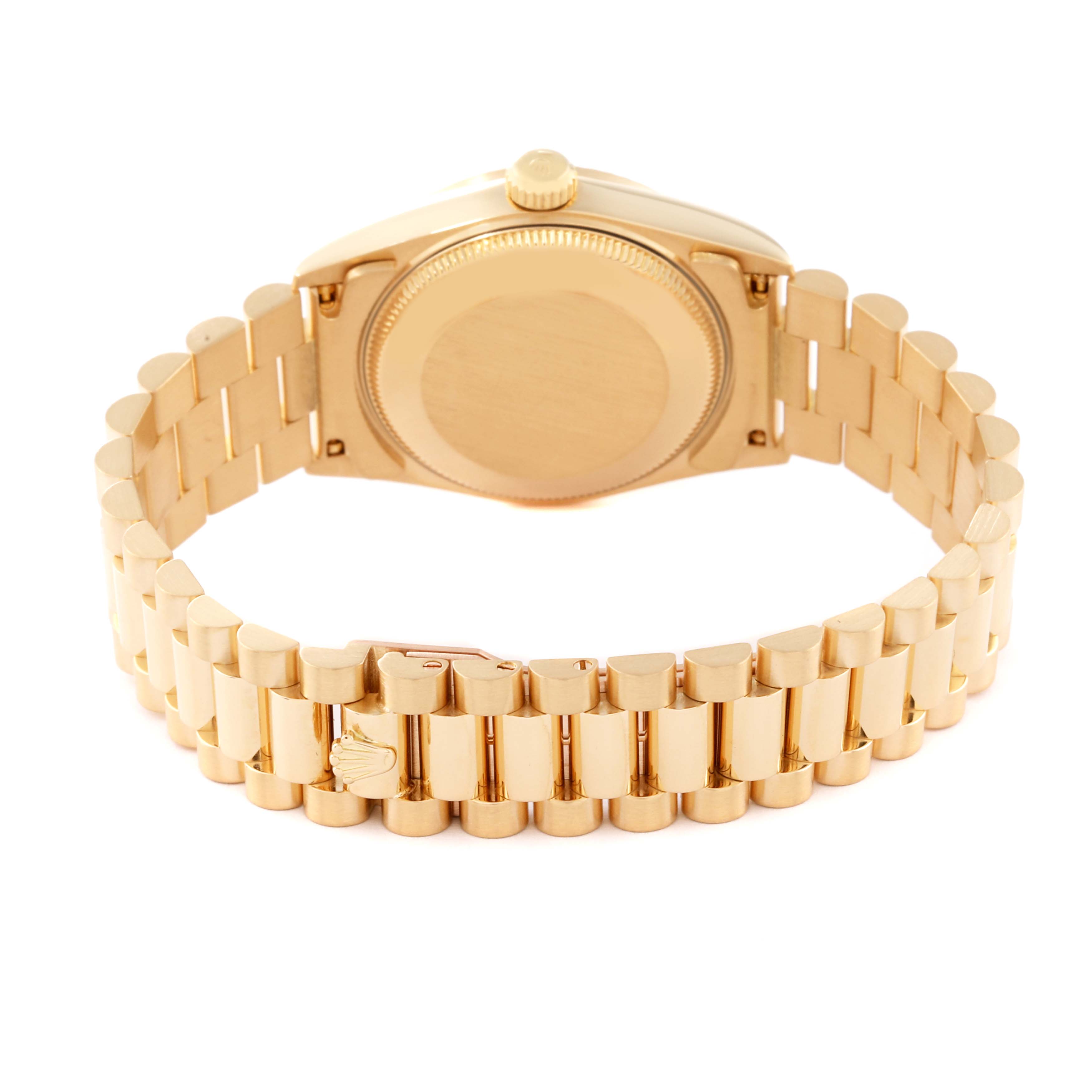The image shows the back and bracelet of a Rolex President 68278G Women's Yellow Gold Champagne Dial 68278G Women's Yellow Gold Champagne Dial model watch from a rear angled perspective.