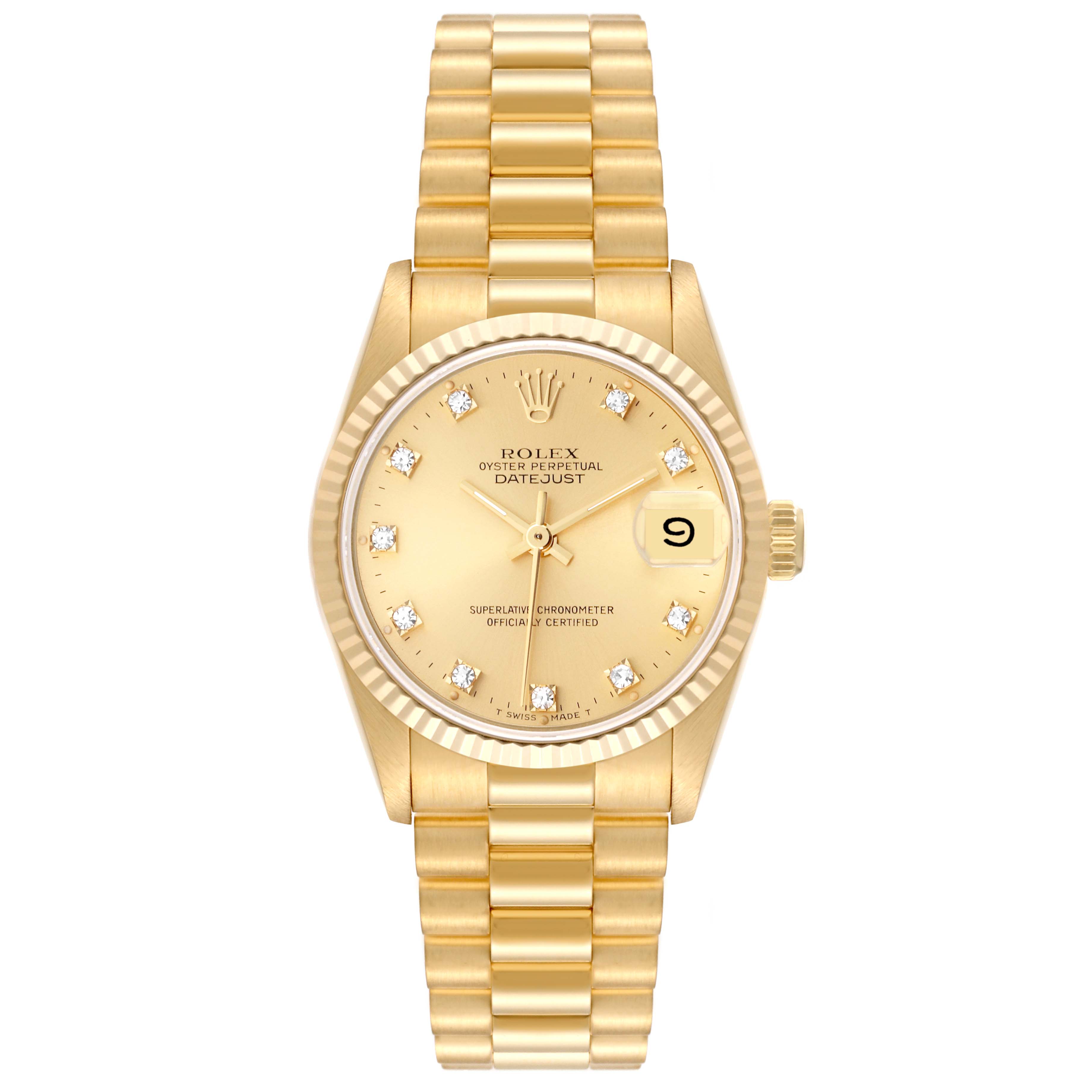 The image shows a front view of a Rolex President 68278G Women's Yellow Gold Champagne Dial 68278G Women's Yellow Gold Champagne Dial model watch, highlighting the dial, bezel, and bracelet.