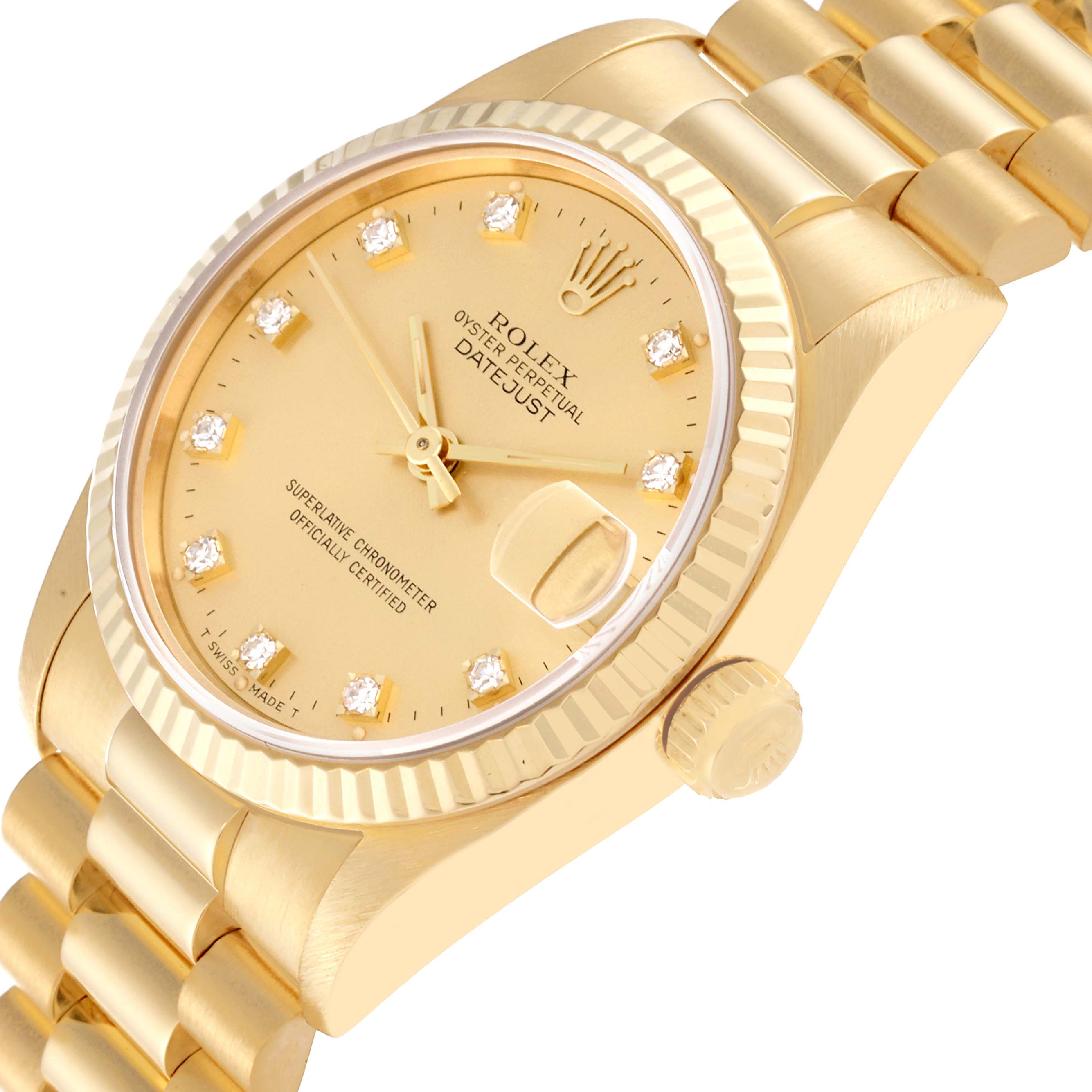 The image shows a close-up angle of the Rolex President 68278G Women's Yellow Gold Champagne Dial 68278G Women's Yellow Gold Champagne Dial Datejust watch, highlighting its dial, bezel, and bracelet.